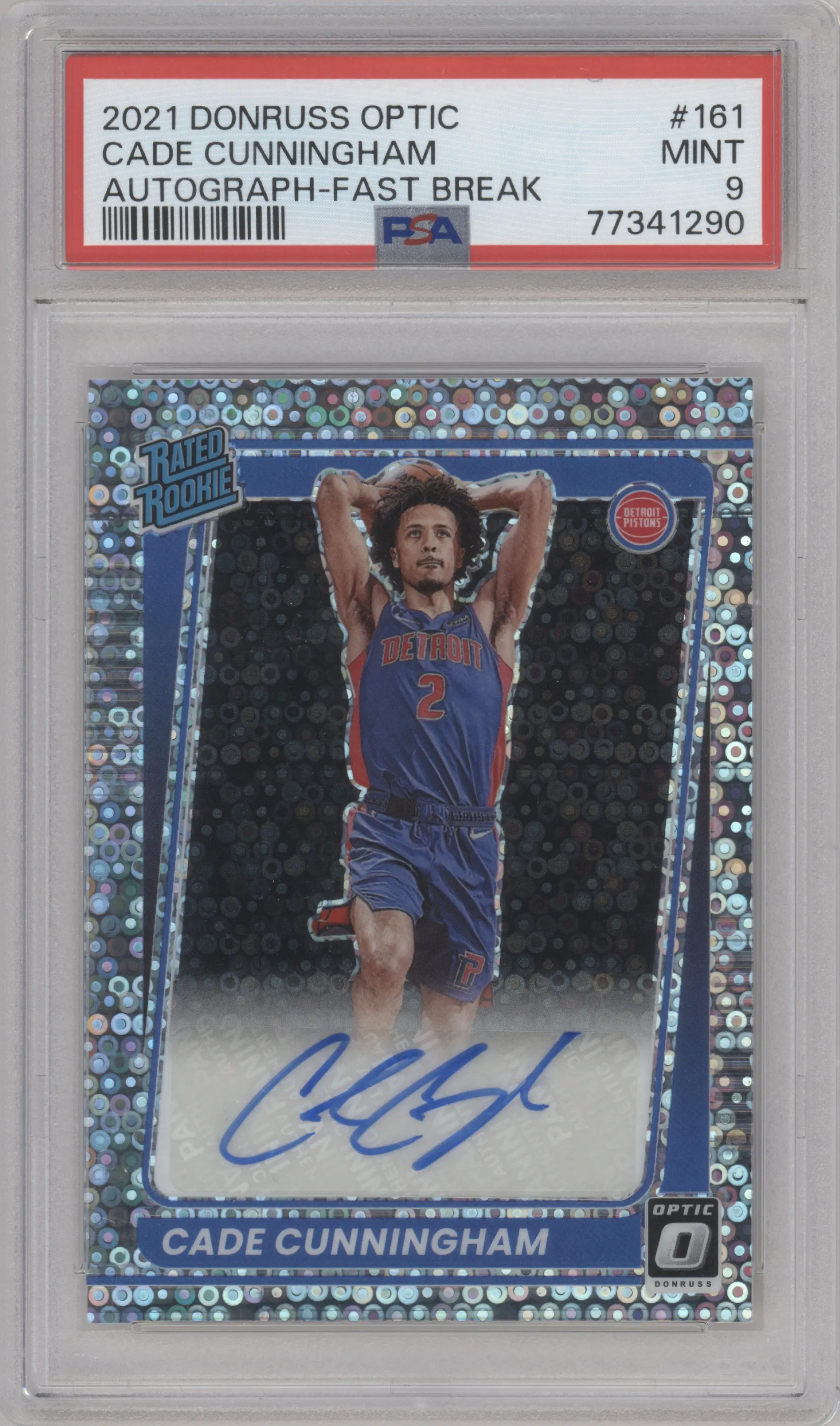 Cade Cunningham from the 2021-22 Panini Donruss Optic set featuring a Fast Break parallel graded by PSA and given an overall grade of 9.