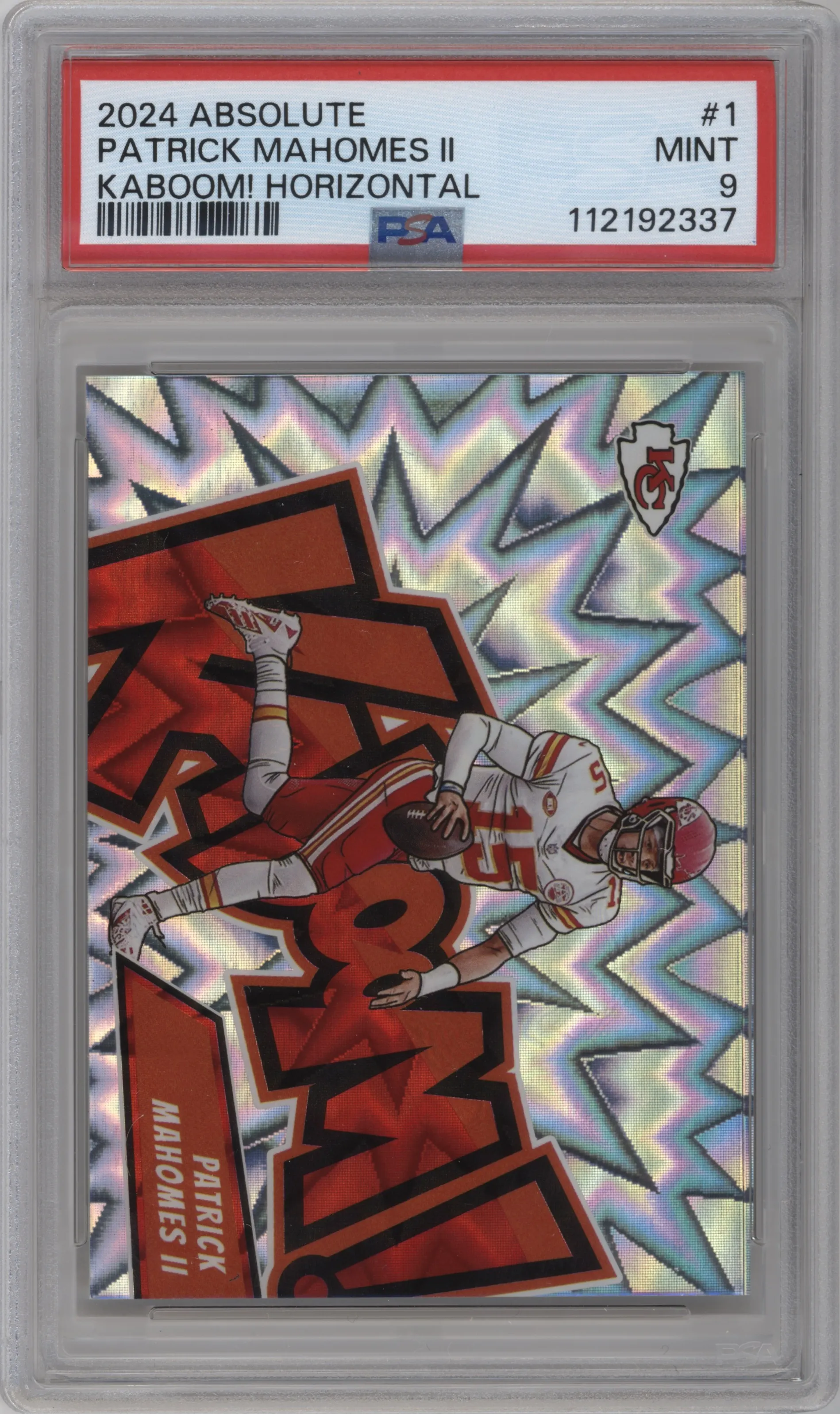 Patrick Mahomes II from the 2024 Panini Absolute set graded by PSA and given an overall grade of 9.