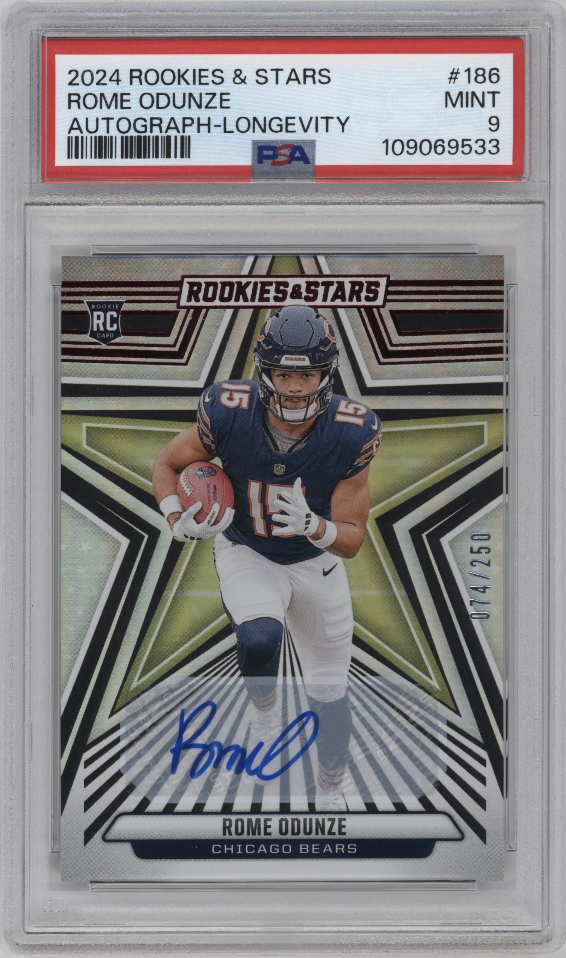 Rome Odunze from the 2024 Panini Rookies & Stars set featuring a Longevity parallel graded by PSA and given an overall grade of 9.