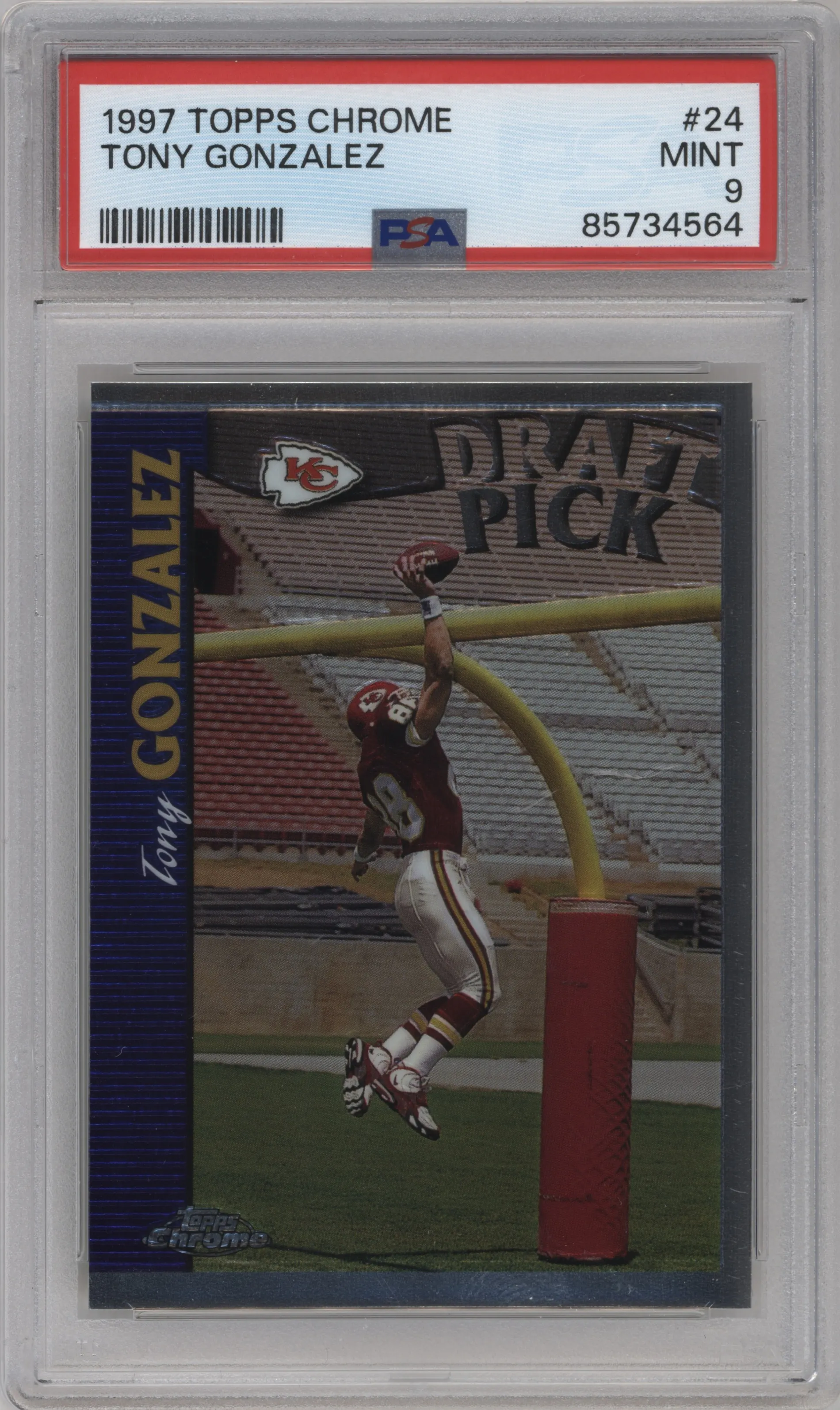 Tony Gonzalez from the 1997 Topps Chrome  set graded by PSA and given an overall grade of 9.
