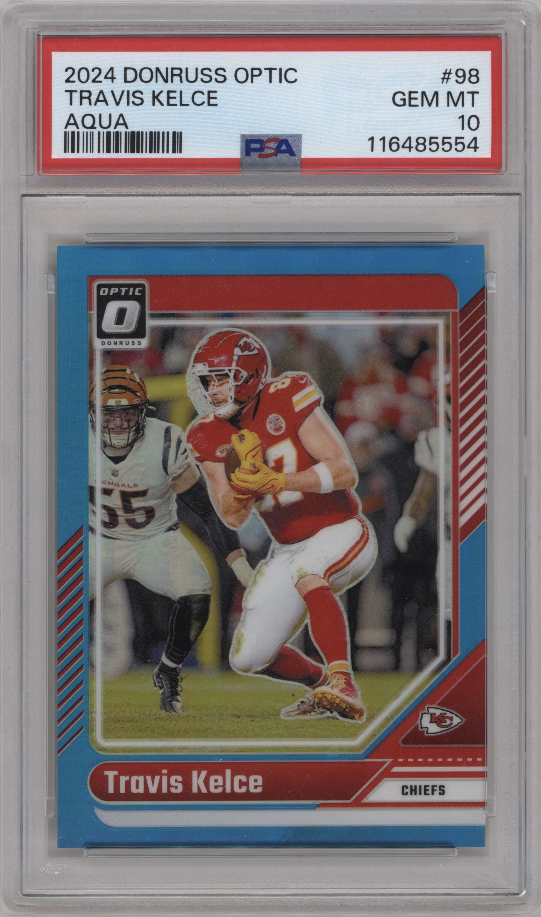 Travis Kelce from the 2024 Donruss Optic set featuring a Aqua parallel graded by PSA and given an overall grade of 10.