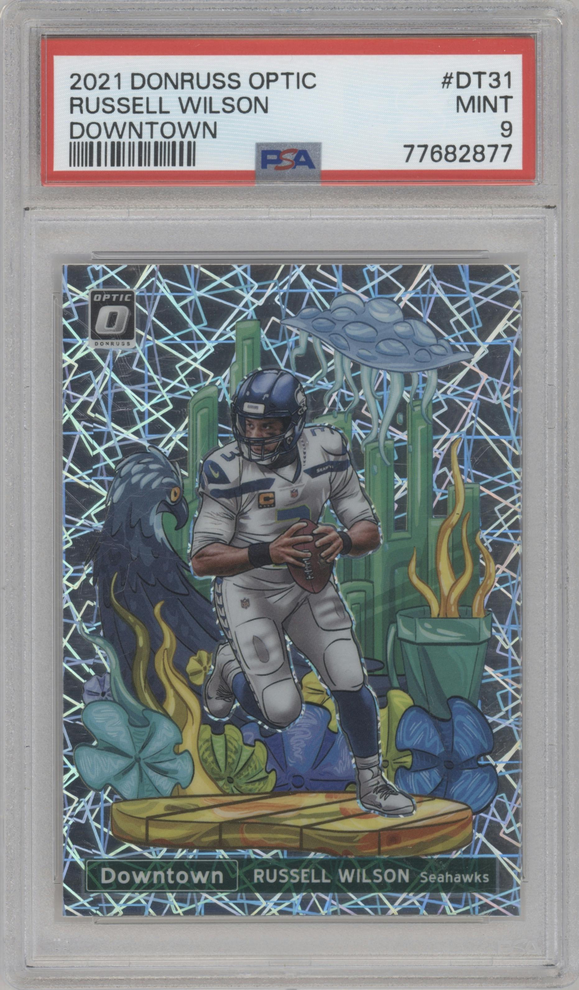 Russell Wilson from the 2021 Panini Donruss Optic set graded by PSA and given an overall grade of 9.