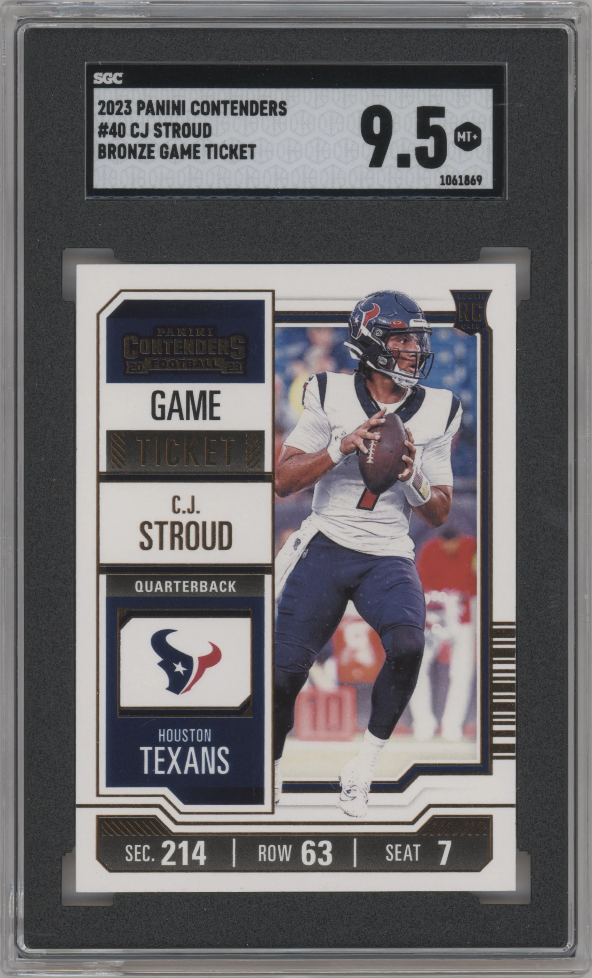 C.J. Stroud from the 2023 Panini Contenders set featuring a Game Ticket Bronze parallel graded by SGC and given an overall grade of 9.5.