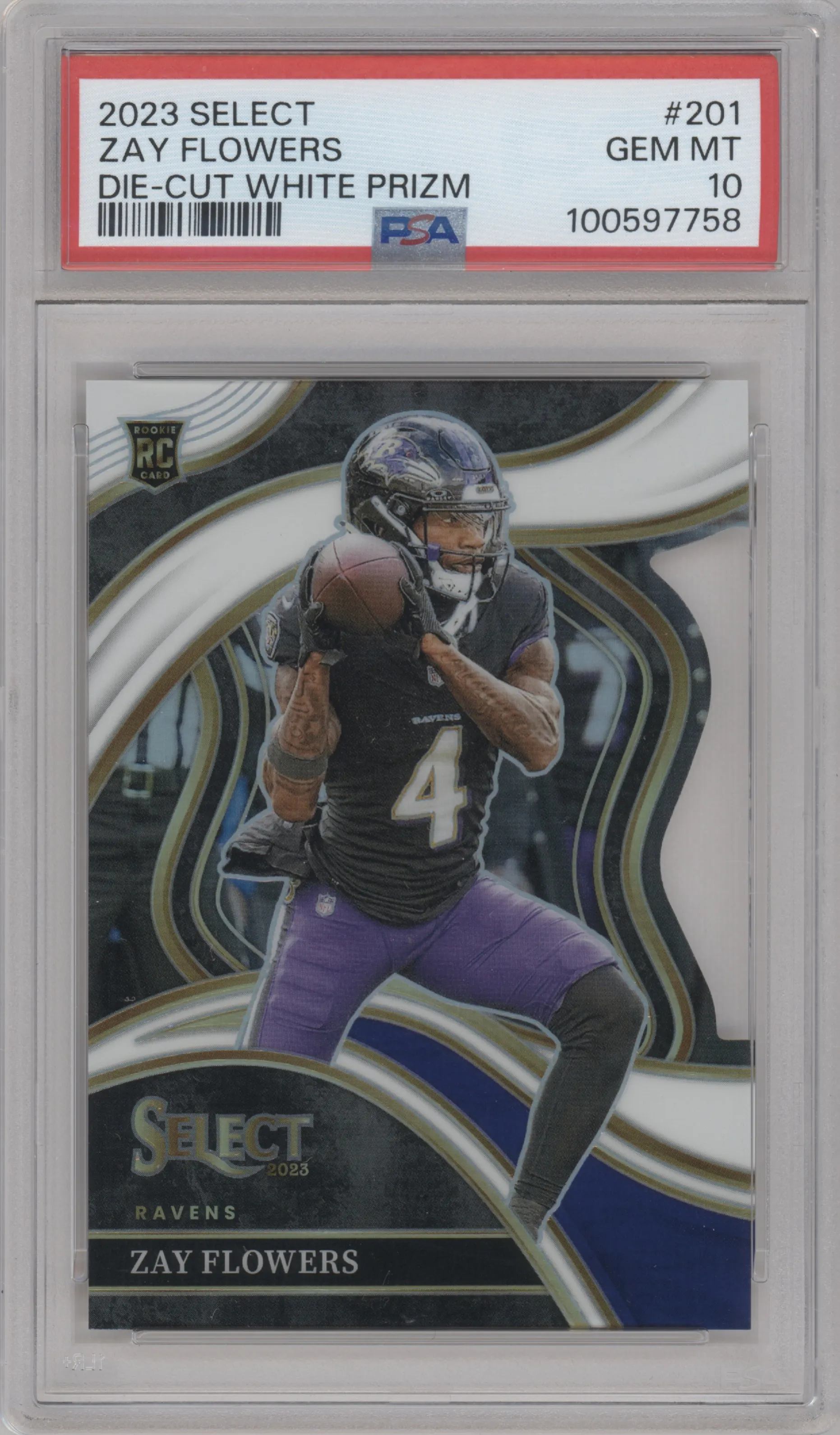 Zay Flowers from the 2023 Panini Select set featuring a Die-Cut White parallel graded by PSA and given an overall grade of 10.
