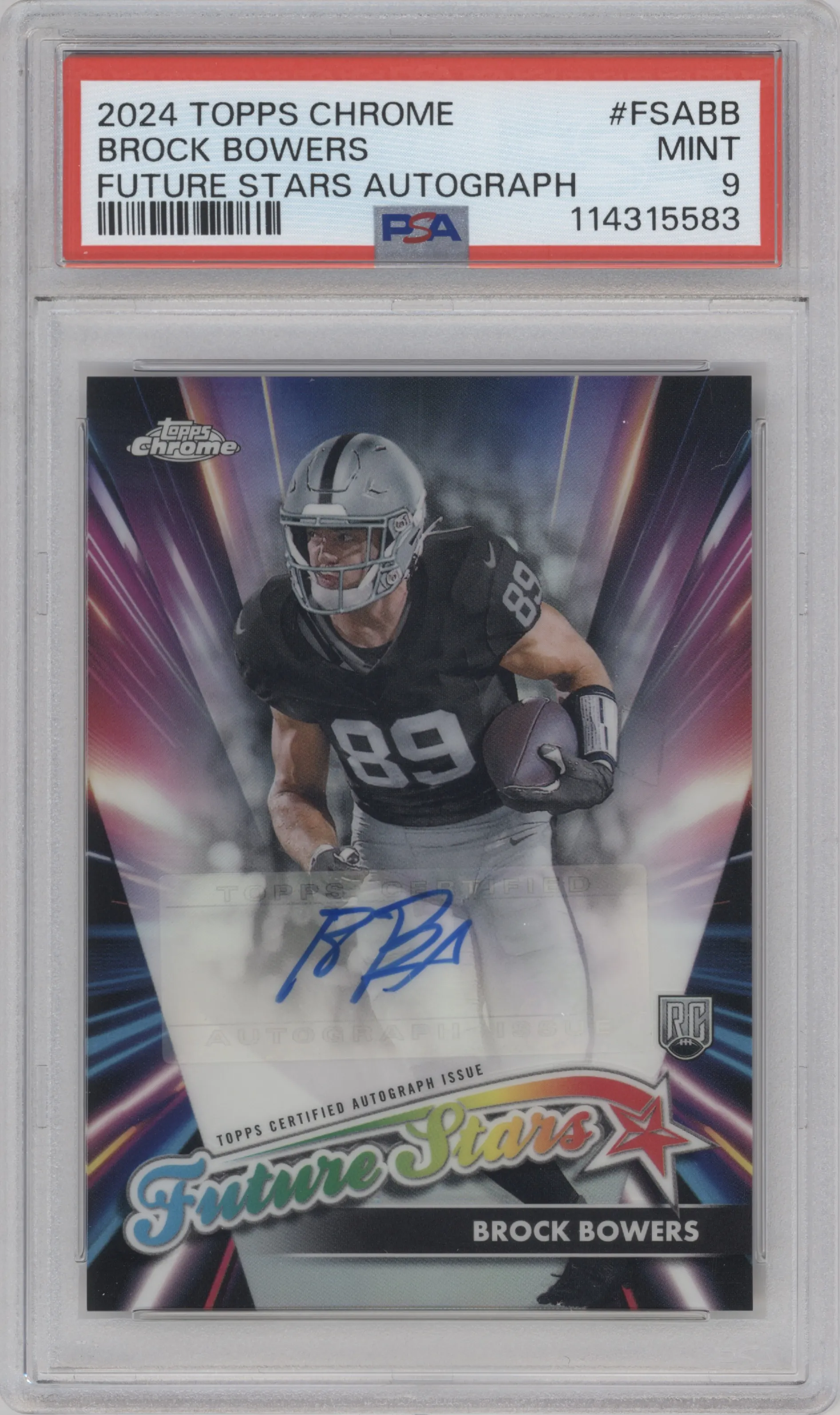 Brock Bowers from the 2024 Topps Chrome set graded by PSA and given an overall grade of 9.