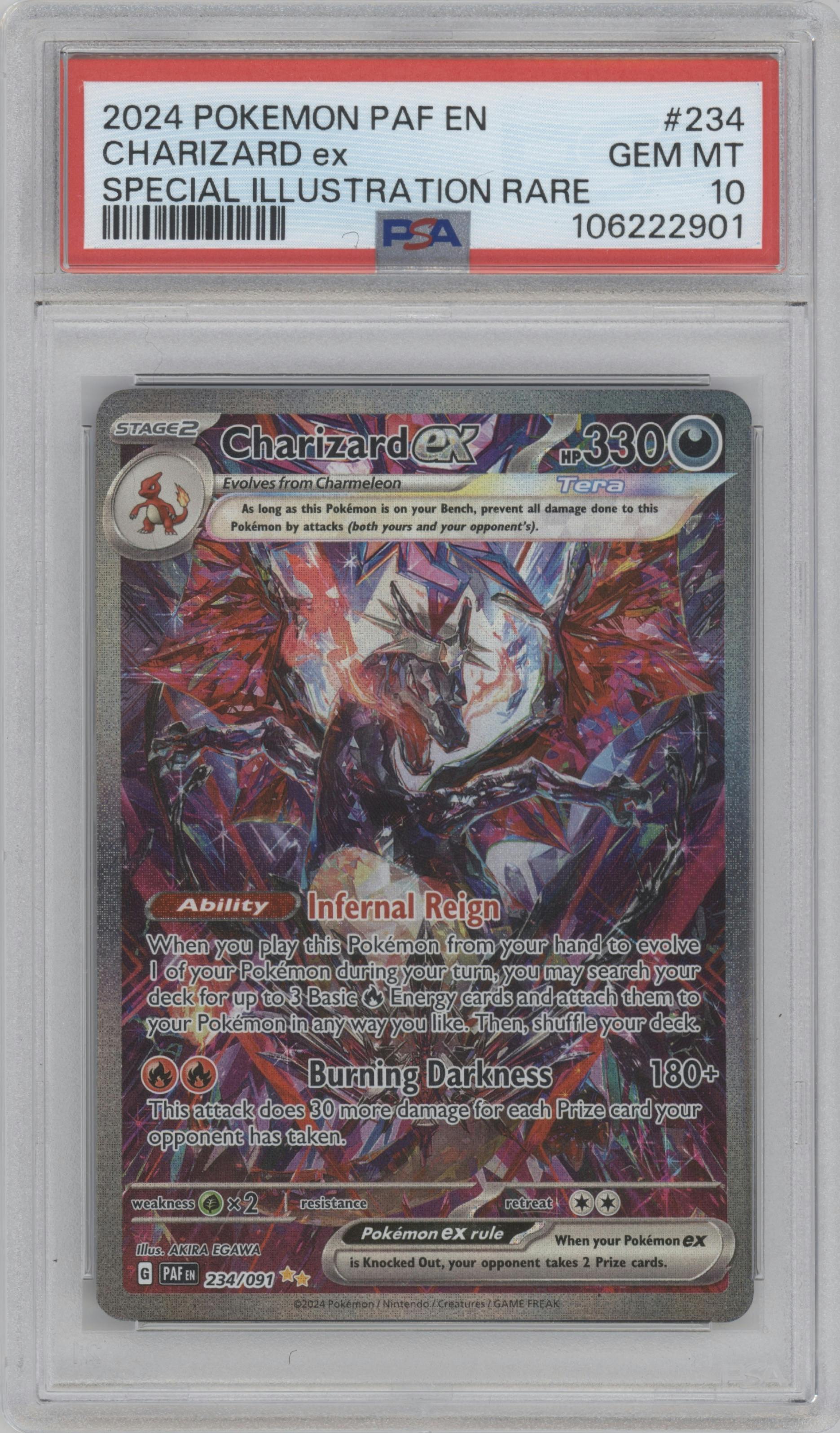 Charizard ex from the 2024 Pokemon SV set graded by PSA and given an overall grade of 10.