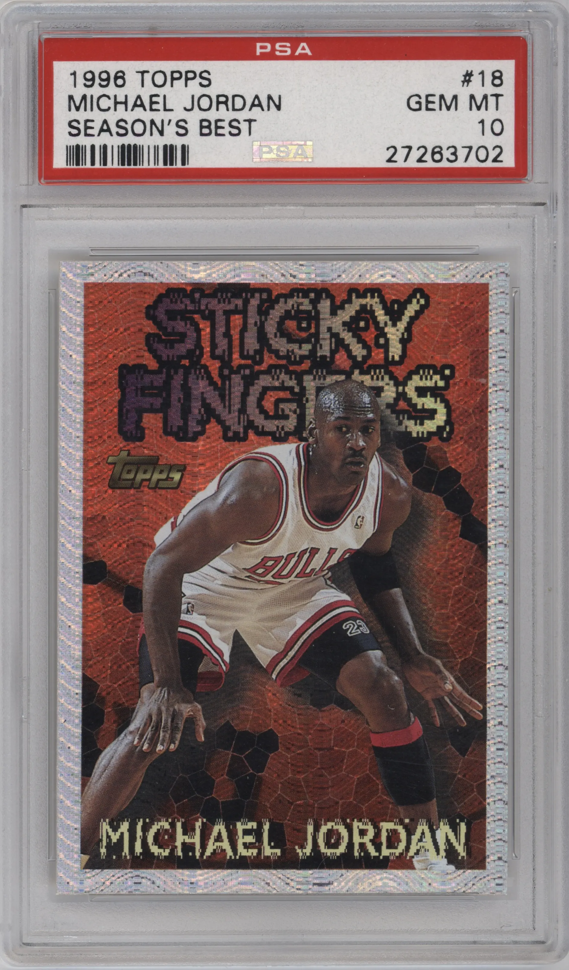 Michael Jordan from the 1996-97 Topps set graded by PSA and given an overall grade of 10.