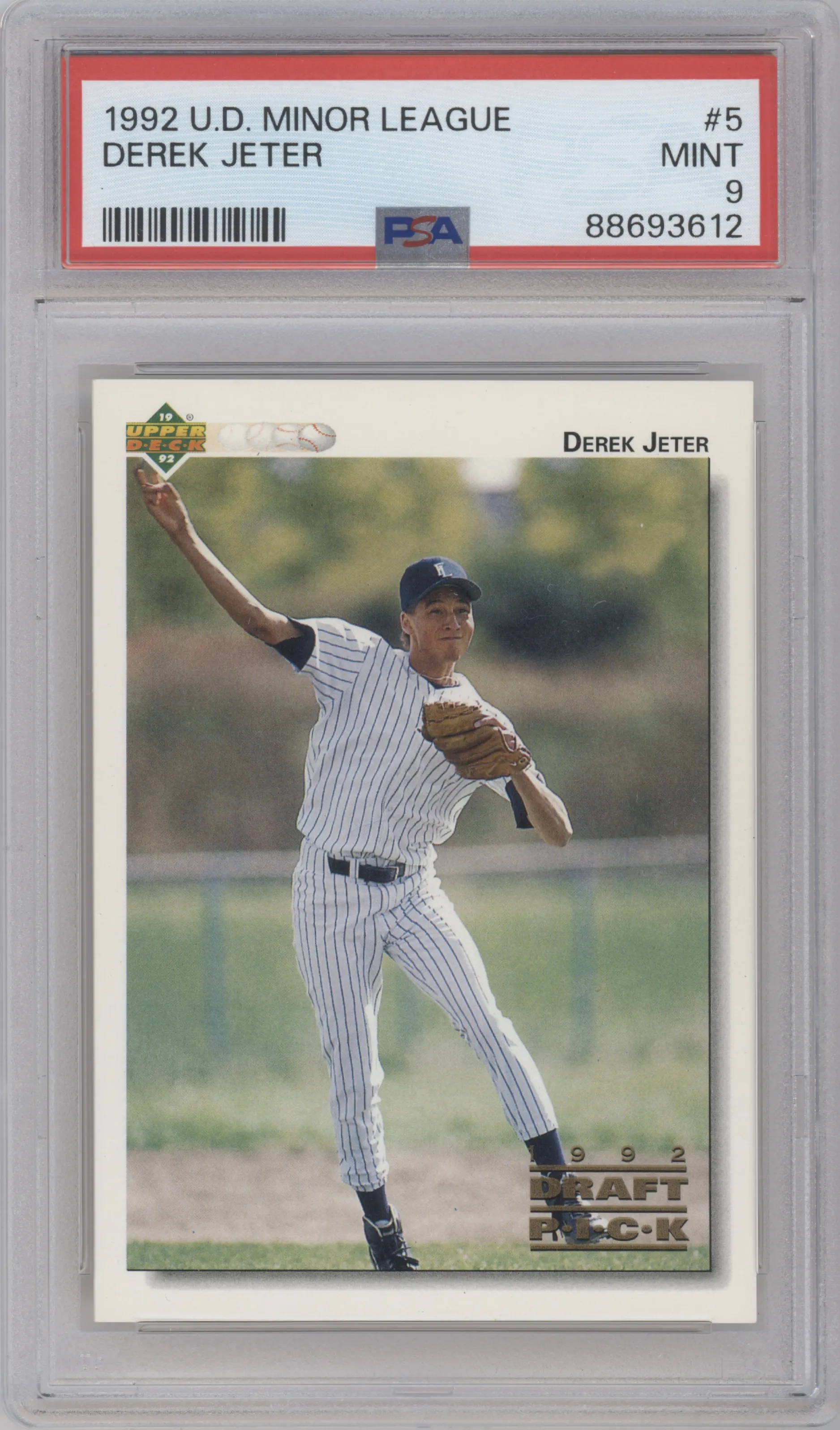 Derek Jeter from the 1992 Upper Deck Minor League set graded by PSA and given an overall grade of 9.