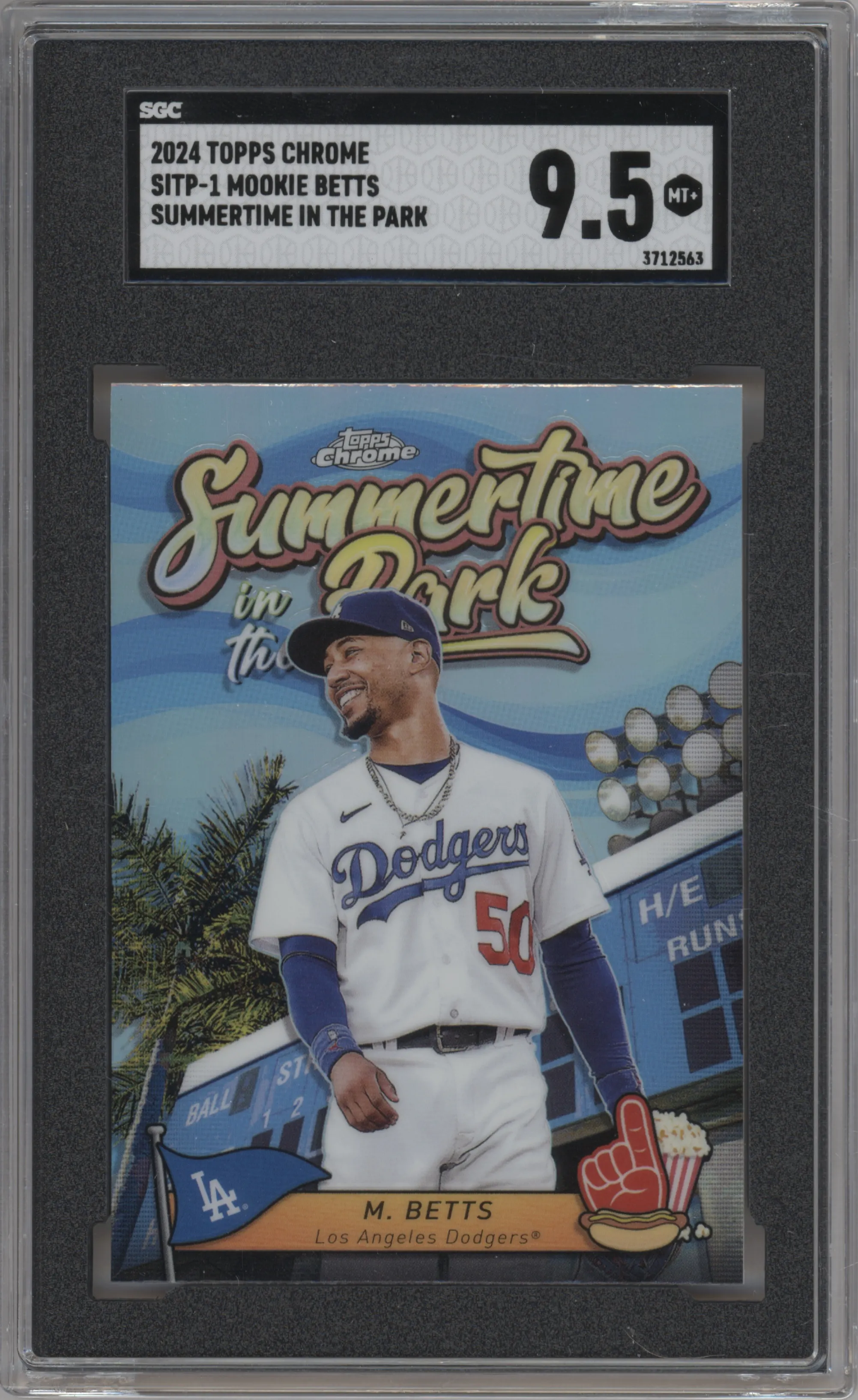 Mookie Betts from the 2024 Topps Chrome set graded by SGC and given an overall grade of 9.5.
