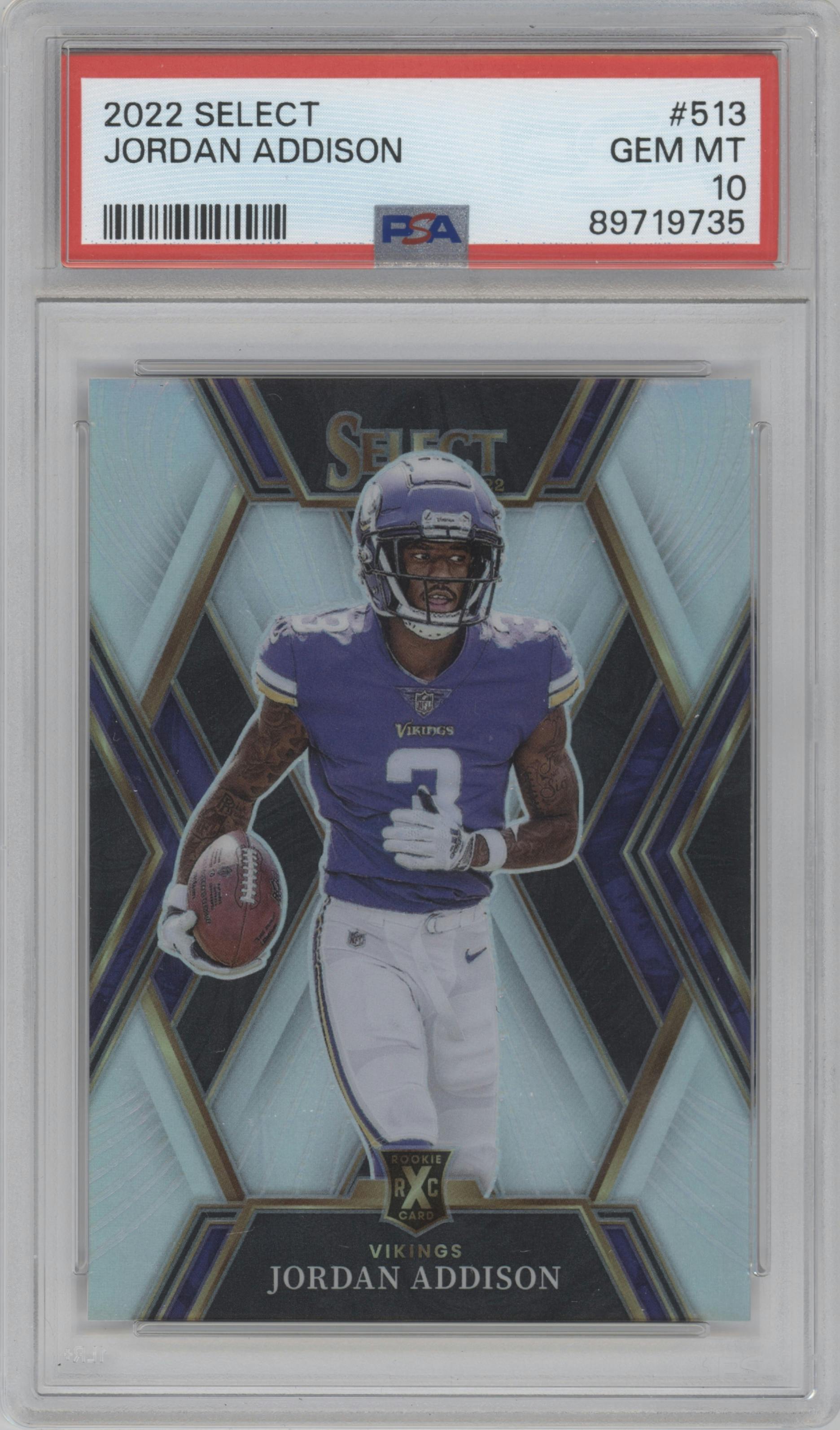 Jordan Addison from the 2022 Panini Select set graded by PSA and given an overall grade of 10.