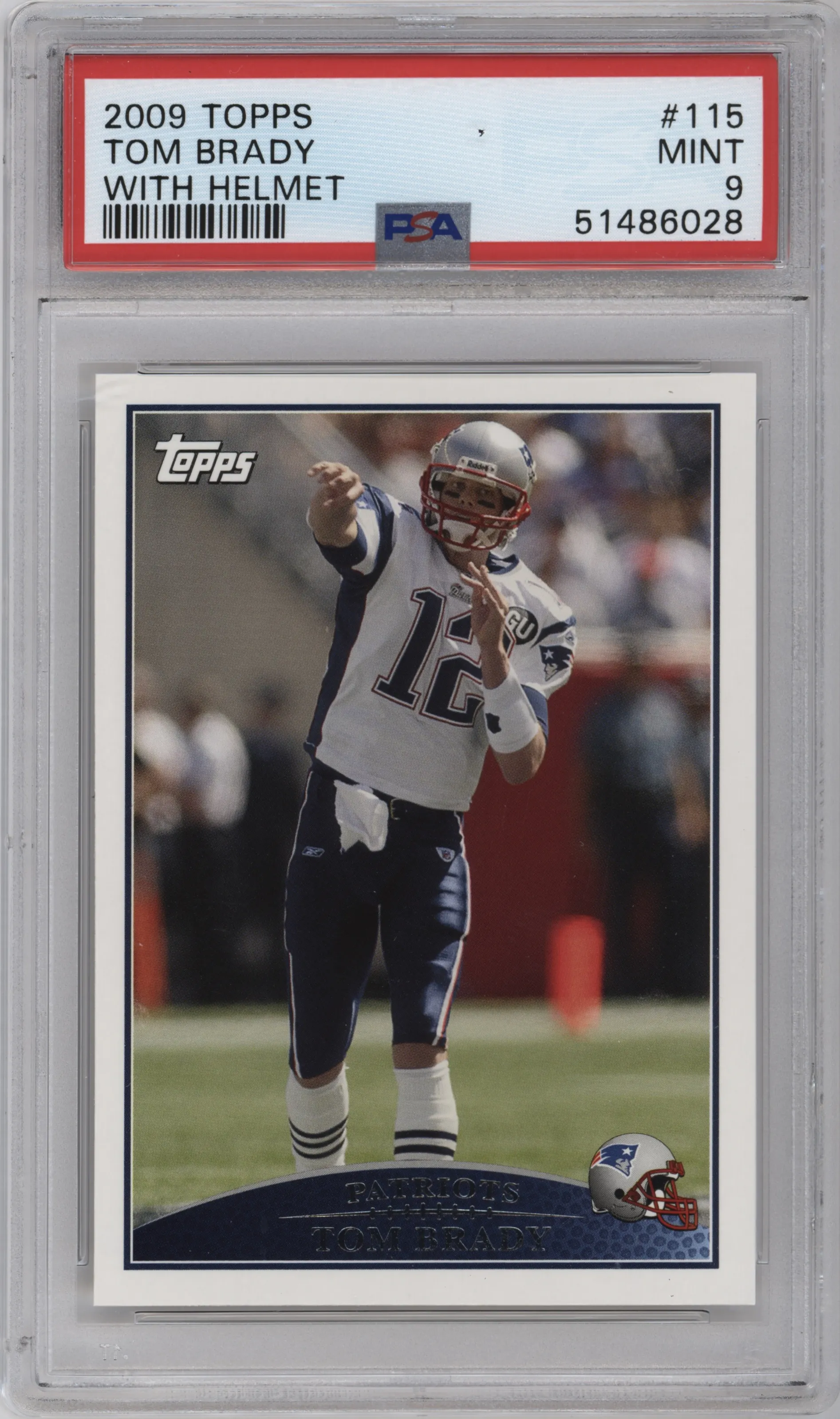 Tom Brady  from the 2009 Topps set graded by PSA and given an overall grade of 9.