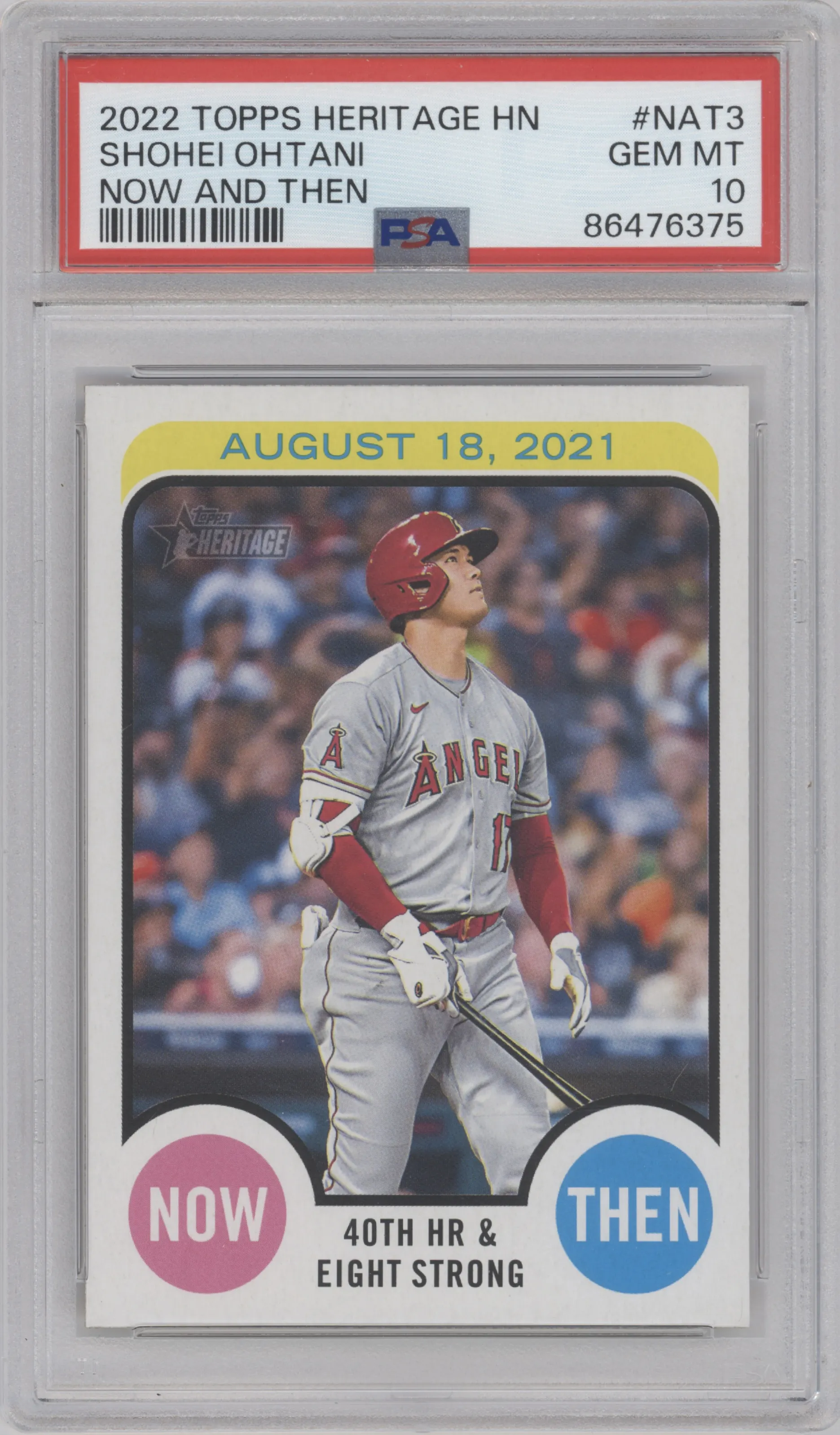Shohei Ohtani from the 2022 Topps Heritage High Number set graded by PSA and given an overall grade of 10.