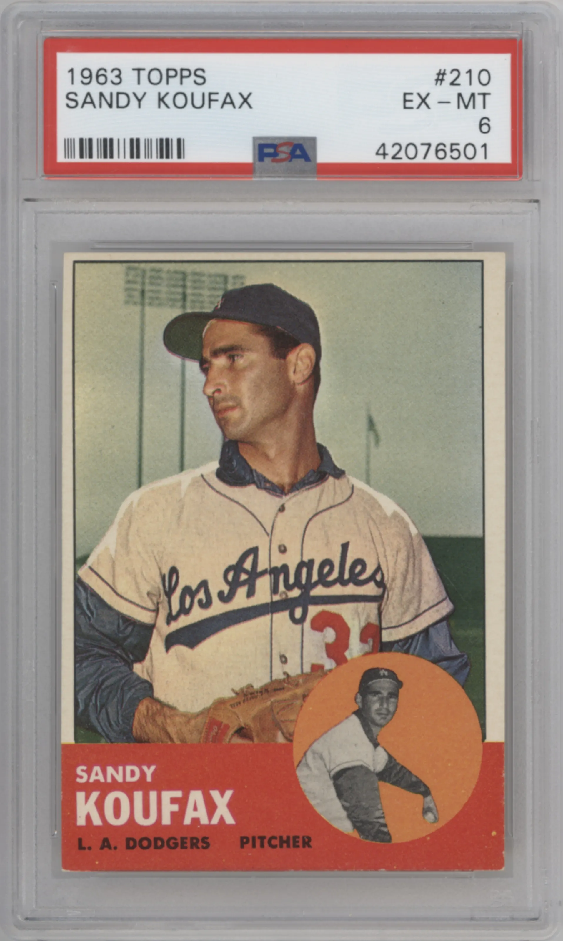 Sandy Koufax from the 1963 Topps set graded by PSA and given an overall grade of 6.
