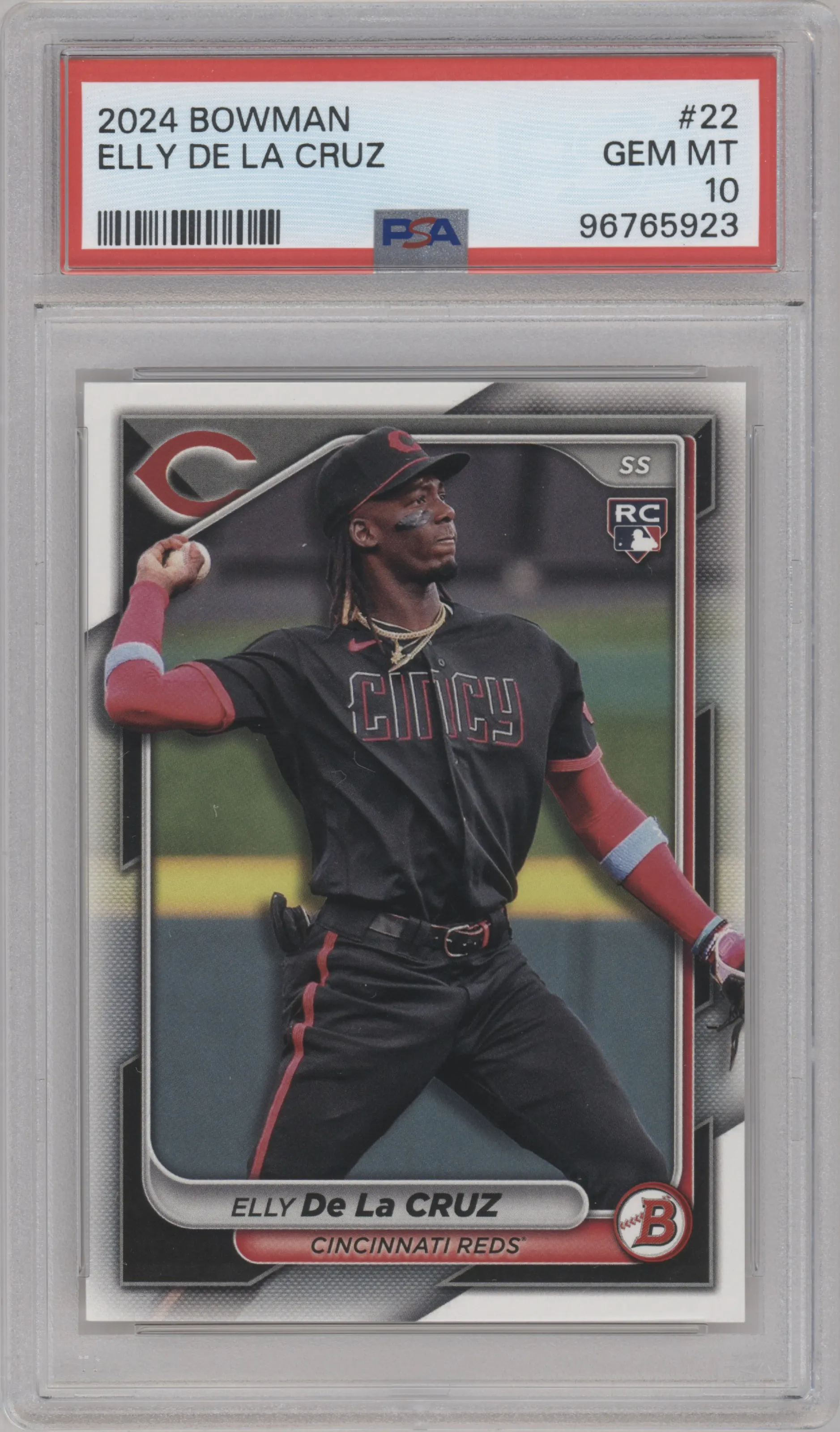 Elly De La Cruz from the 2024 Bowman set graded by PSA and given an overall grade of 10.