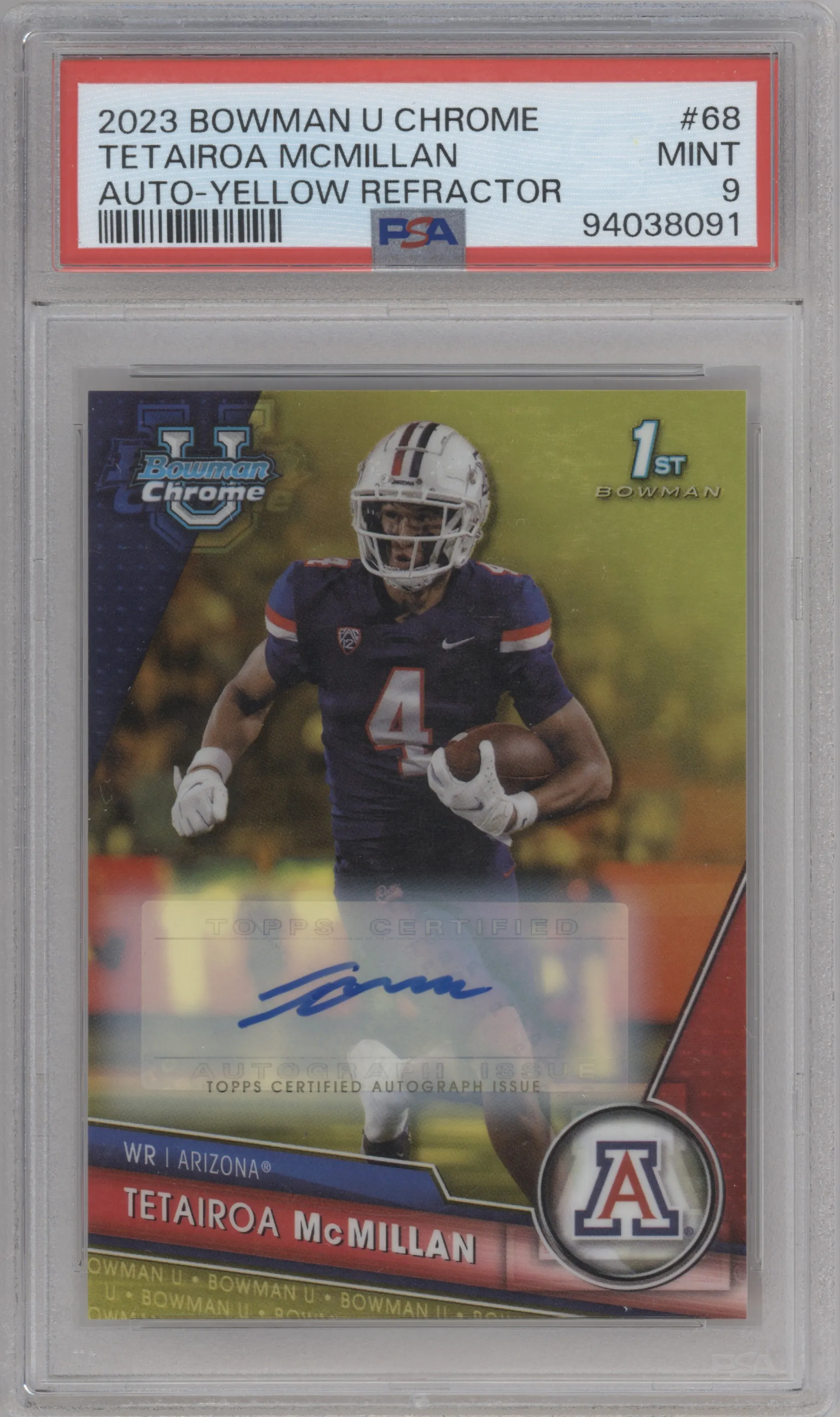 Tetairoa McMillan from the 2023 Bowman Chrome University set featuring a Yellow Refractor parallel graded by PSA and given an overall grade of 9.