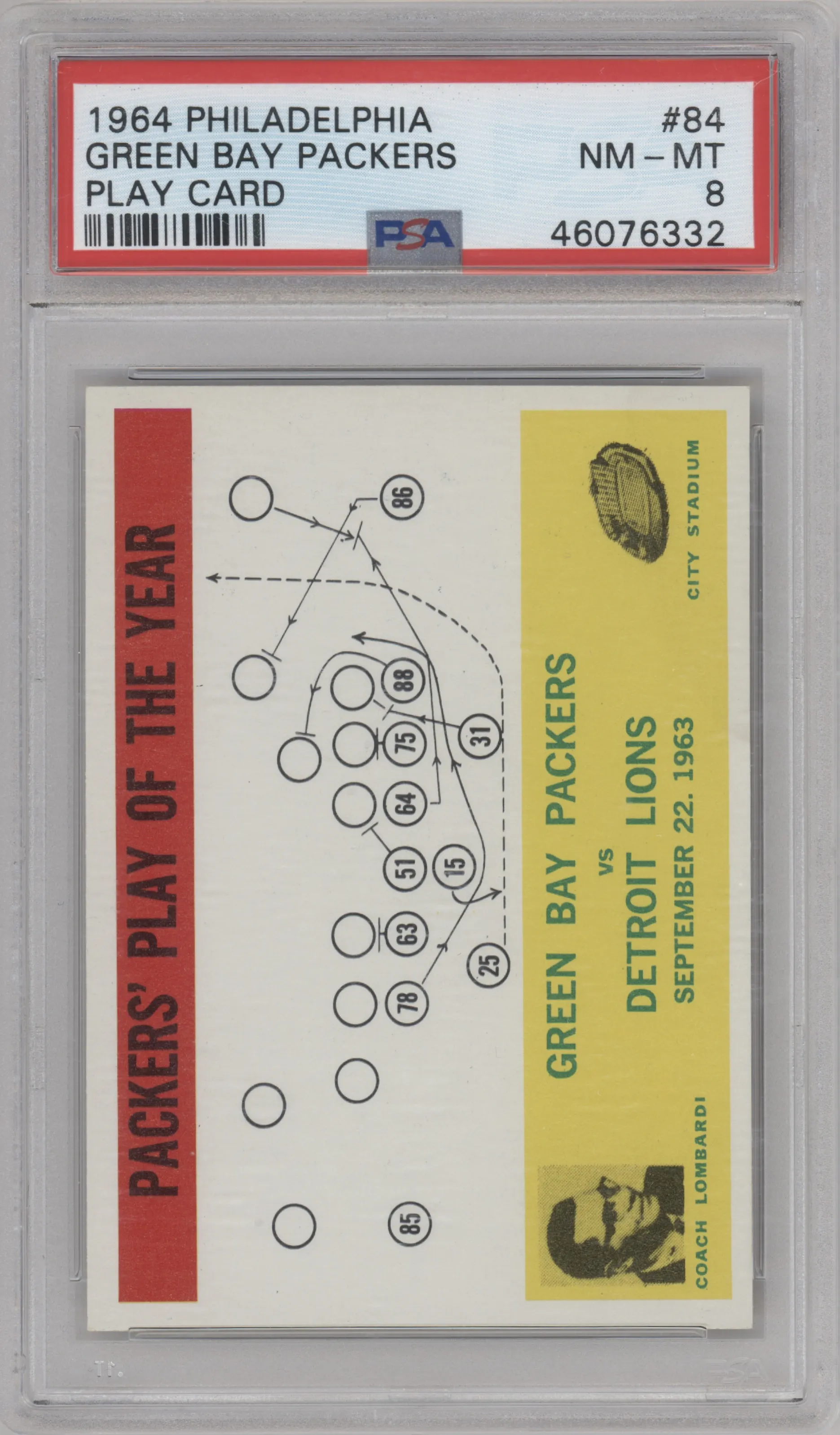 Packers Play of the Year from the 1964 Philadelphia set graded by PSA and given an overall grade of 8.