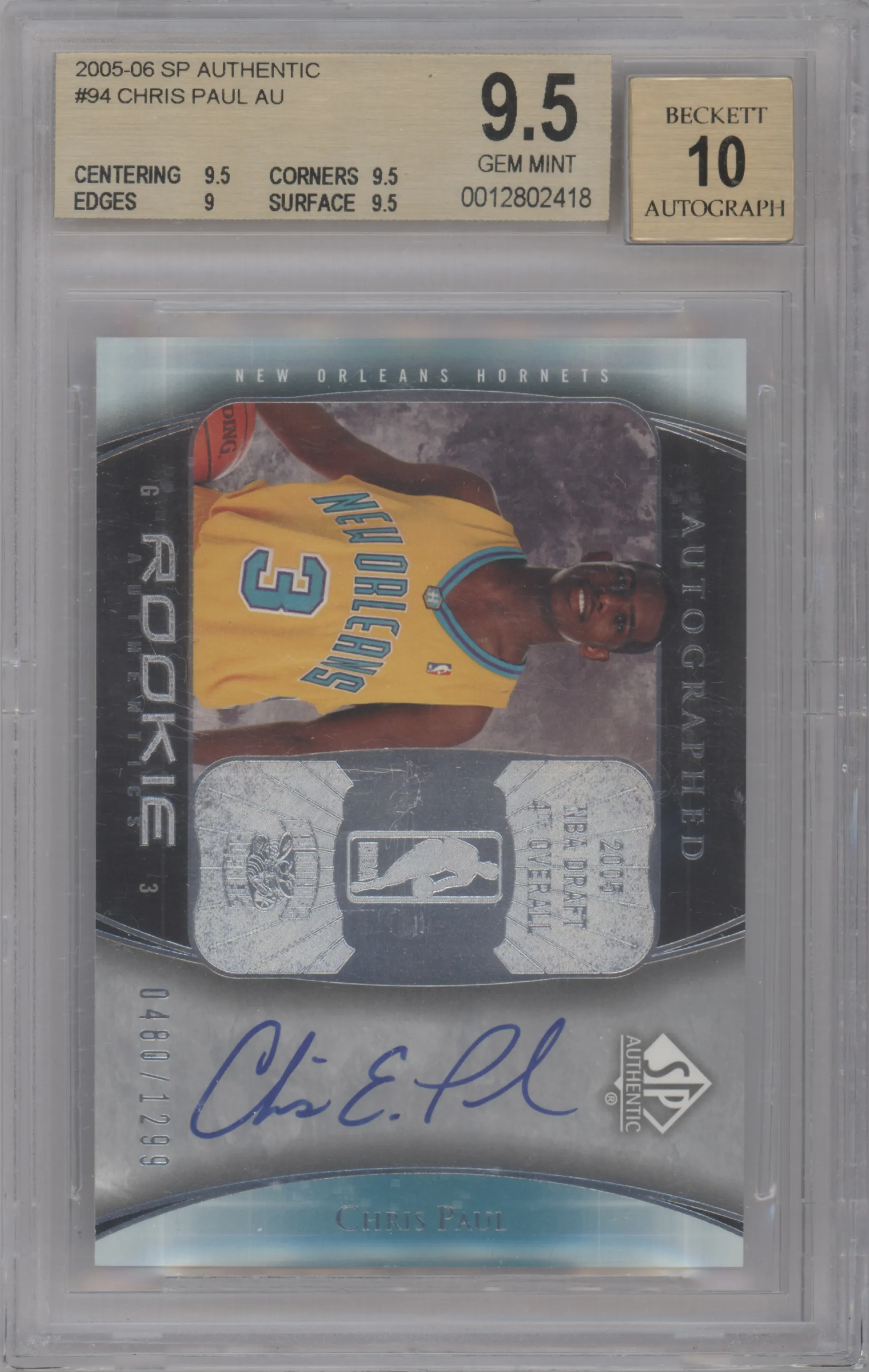 Chris Paul from the 2005-06 SP Authentic set graded by Beckett and given an overall grade of 9.5.