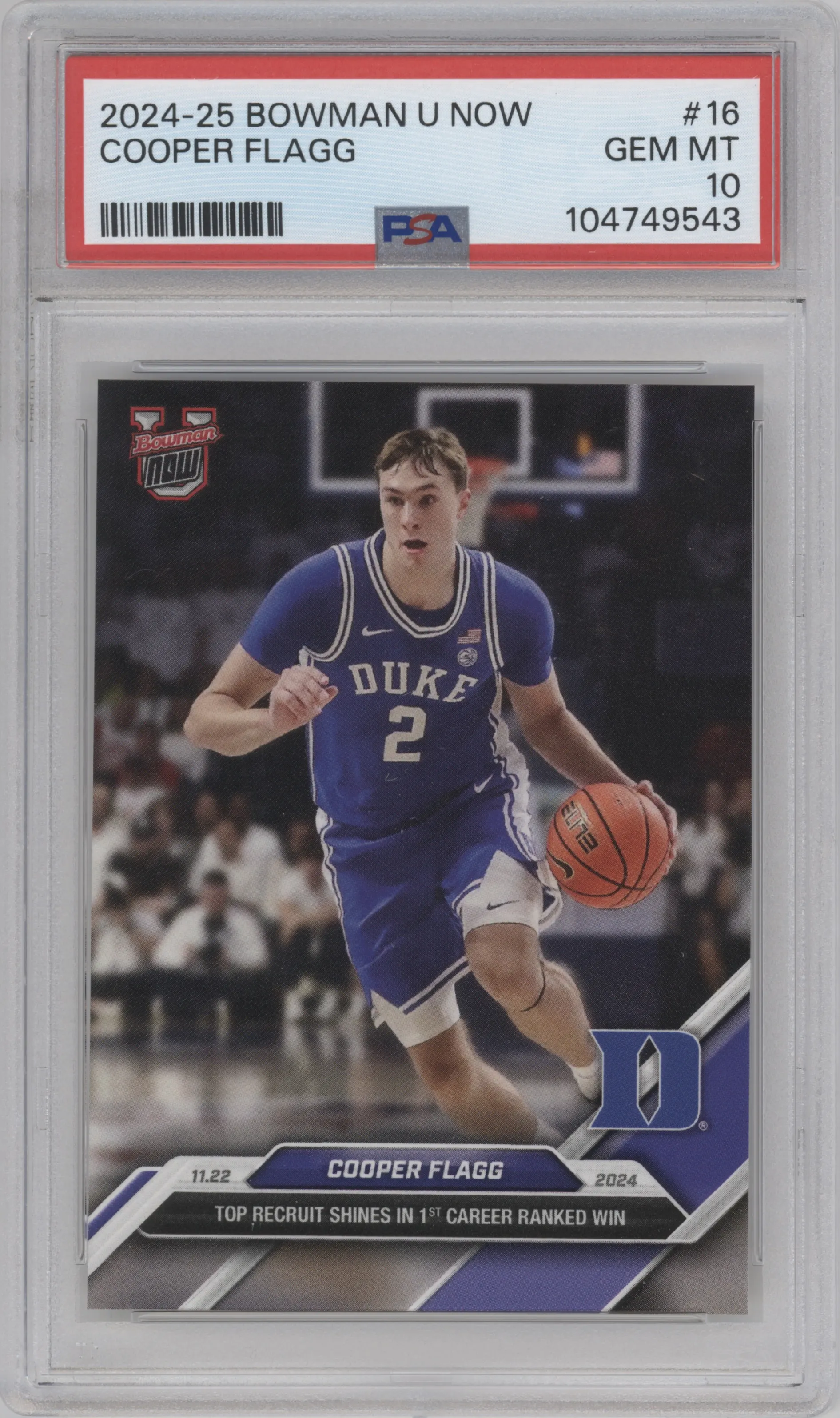 Cooper Flagg from the 2024-25 Bowman U Now set graded by PSA and given an overall grade of 10.