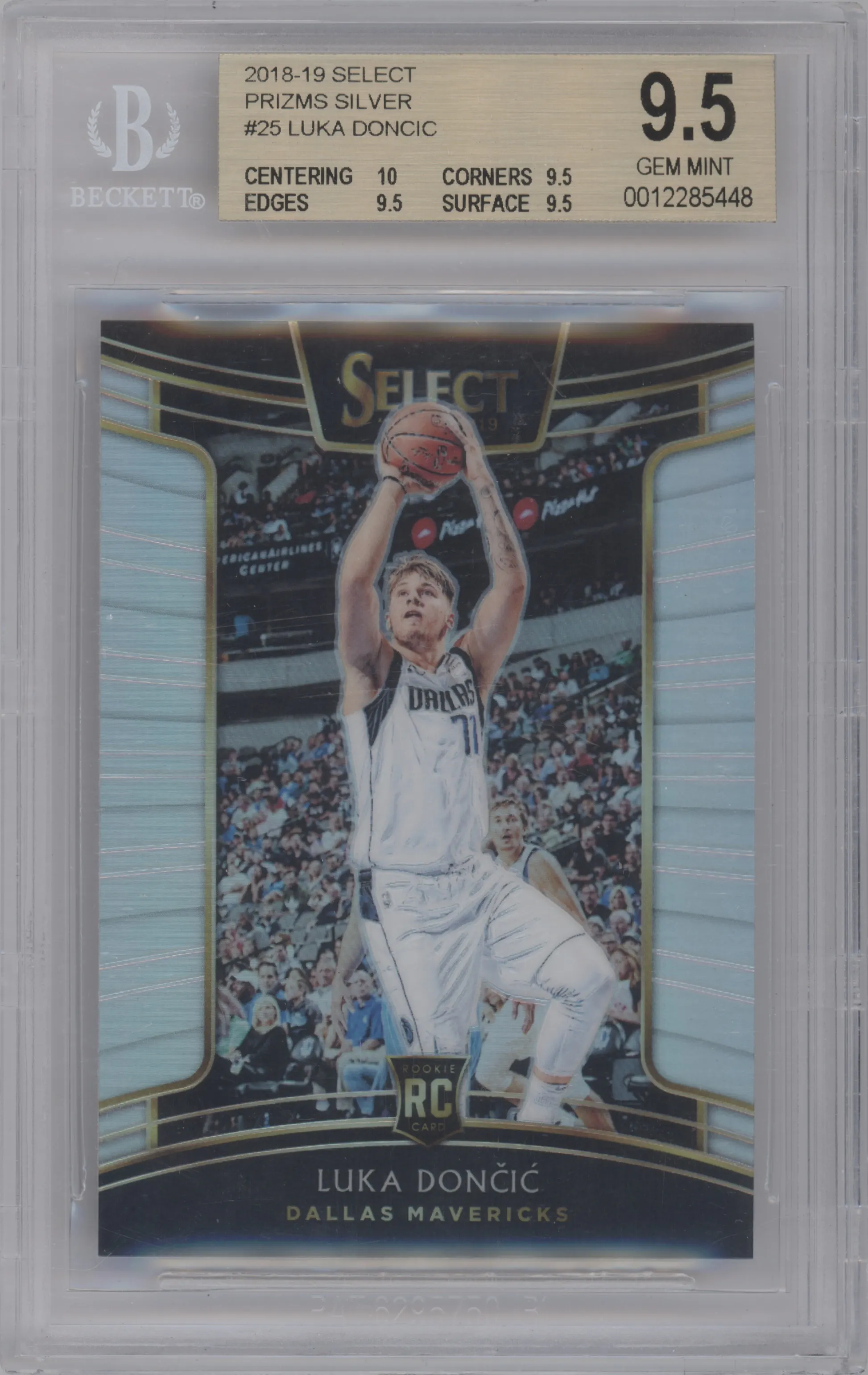 Luka Doncic from the 2018-19 Panini Select  set featuring a Silver Prizm parallel graded by Beckett and given an overall grade of 9.5.