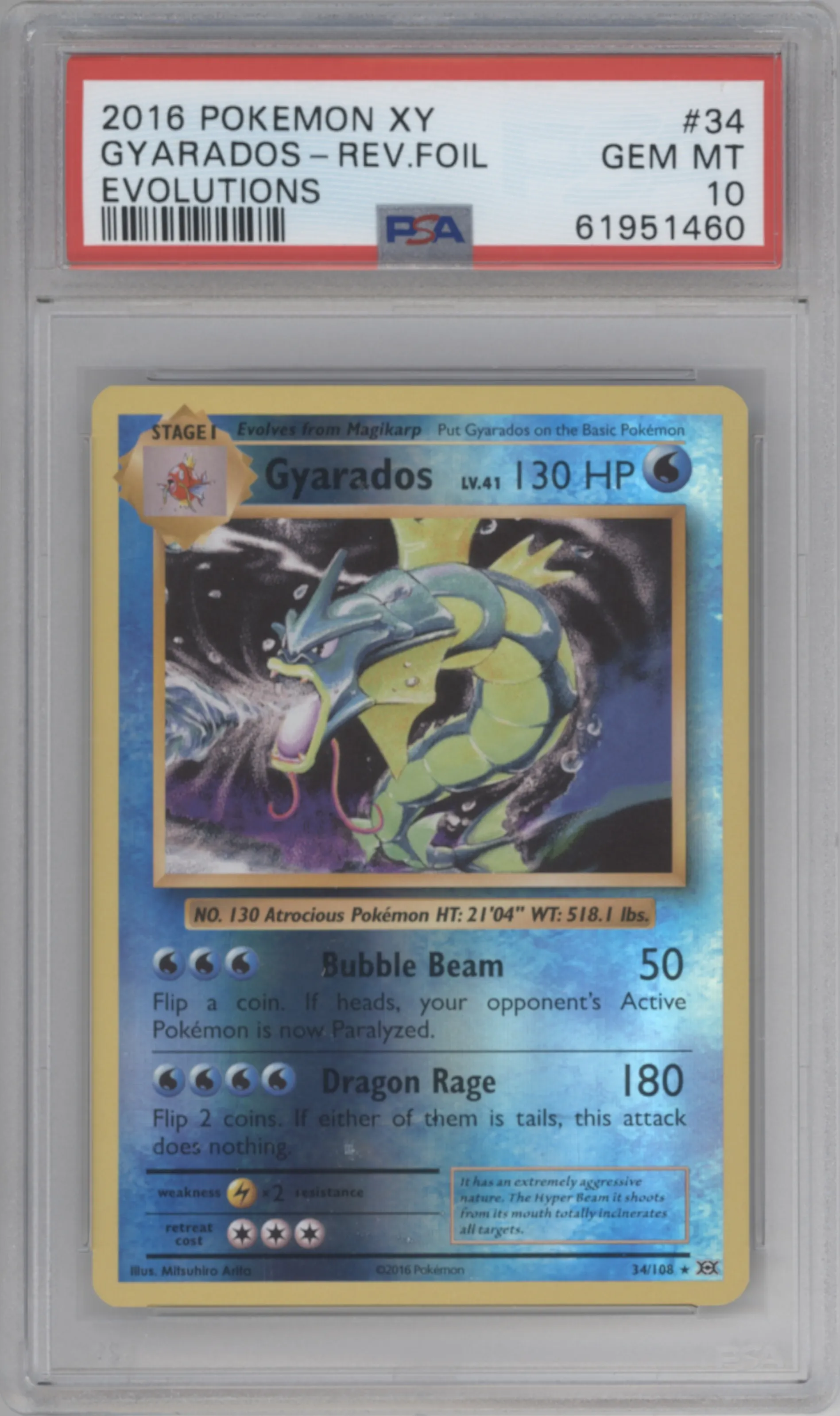 Gyarados from the 2016 Pokemon XY set graded by PSA and given an overall grade of 10.