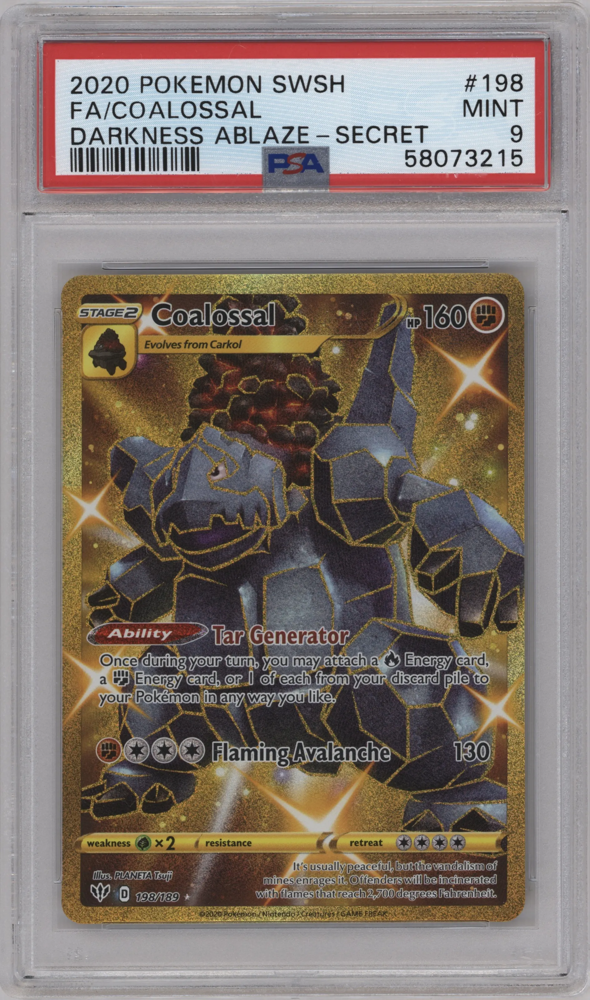 Coalossal from the 2020 Pokemon SWSH set graded by PSA and given an overall grade of 9.