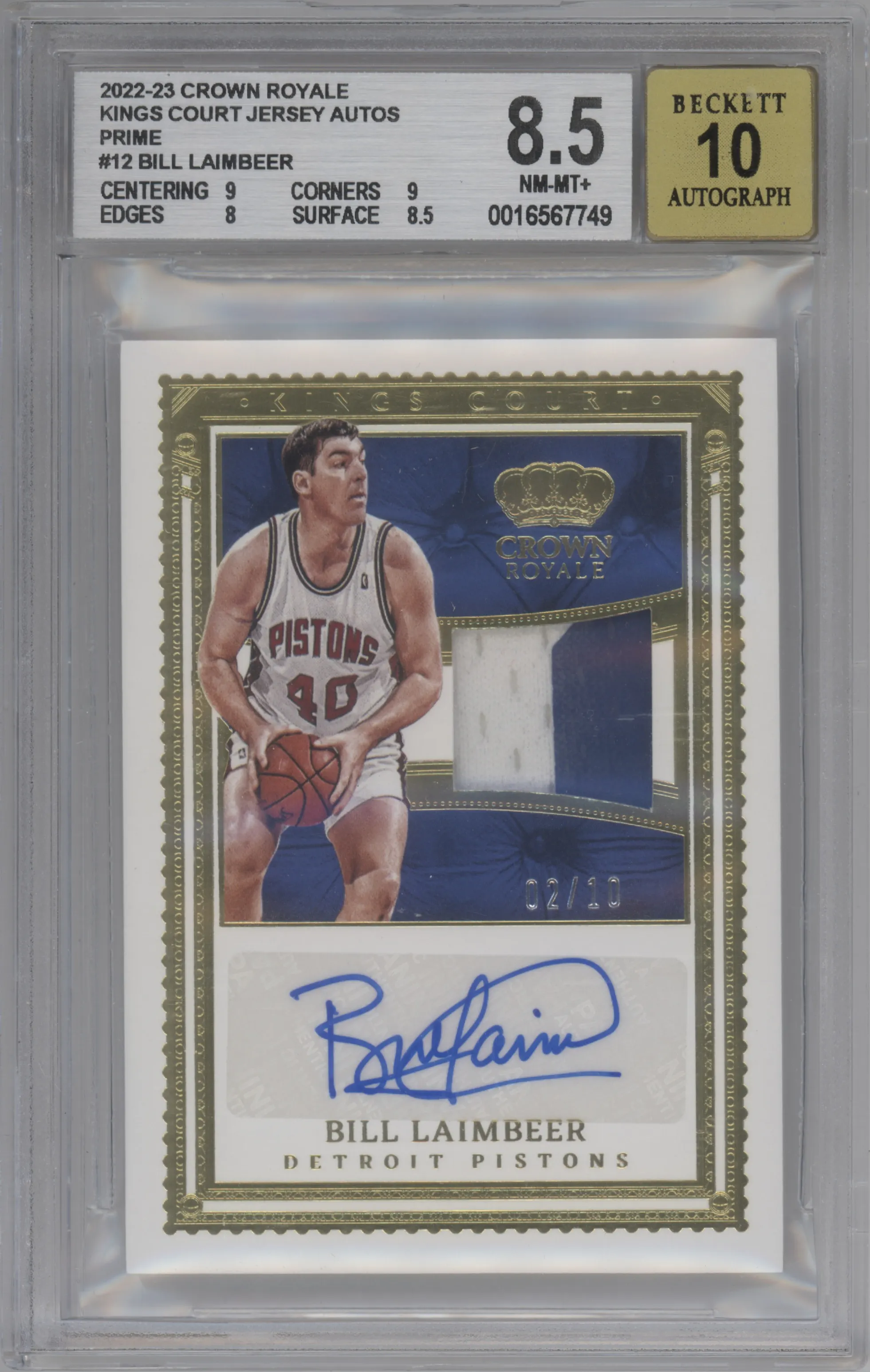 Bill Laimbeer from the 2022-23 Panini Crown Royale set featuring a Prime parallel graded by Beckett and given an overall grade of 8.5.