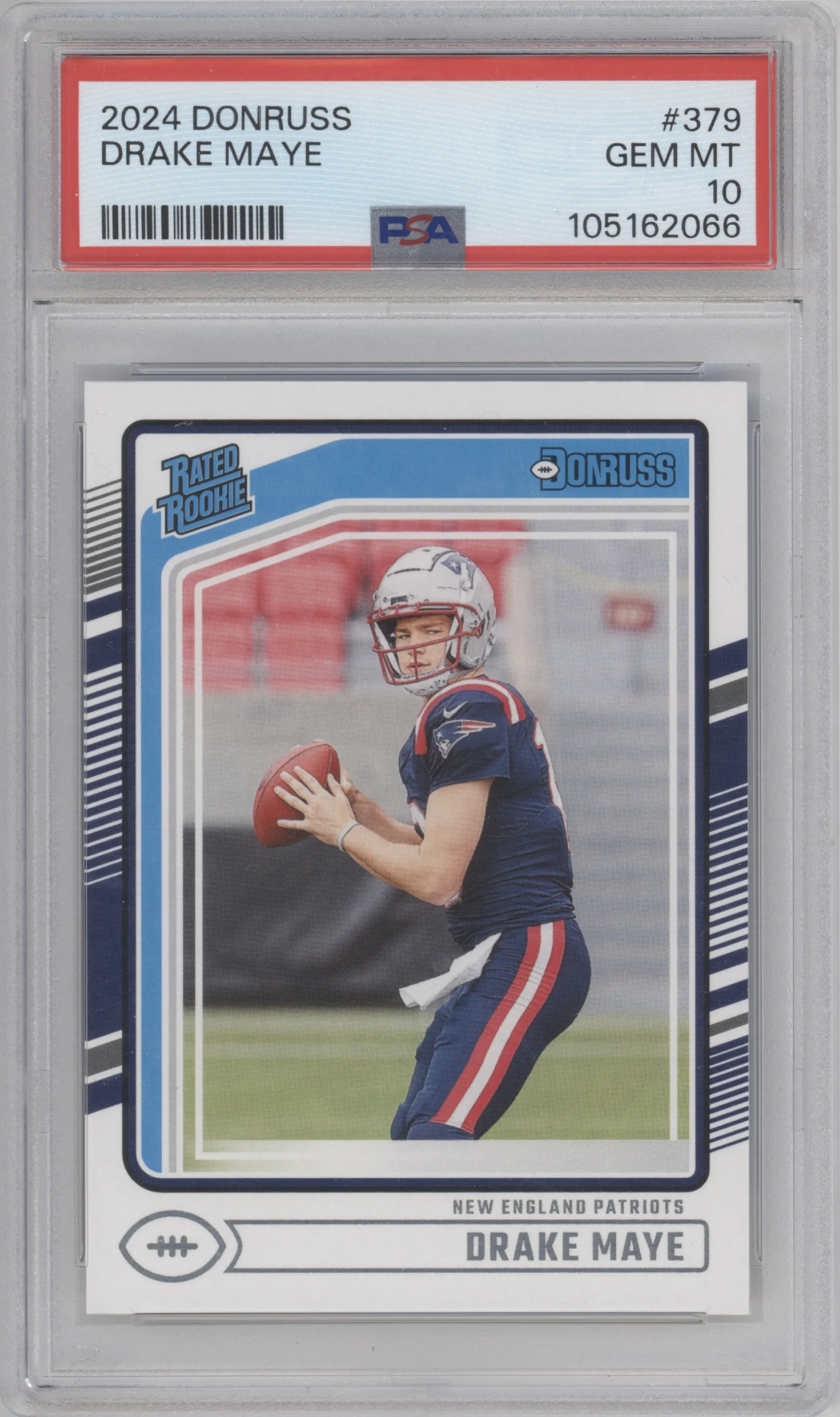 Drake Maye from the 2024 Donruss set graded by PSA and given an overall grade of 10.