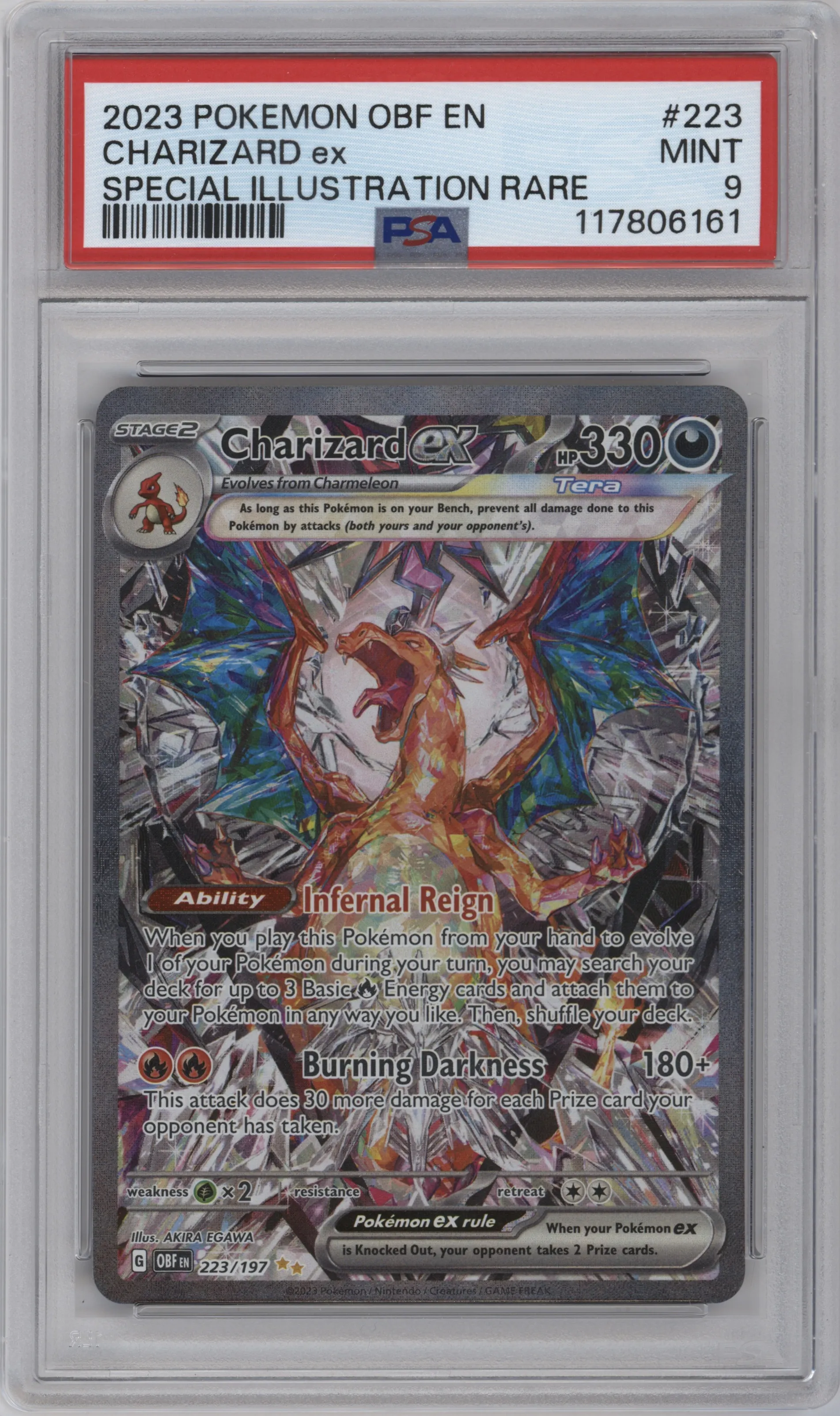 Charizard ex from the 2023 Pokemon SV set graded by PSA and given an overall grade of 9.
