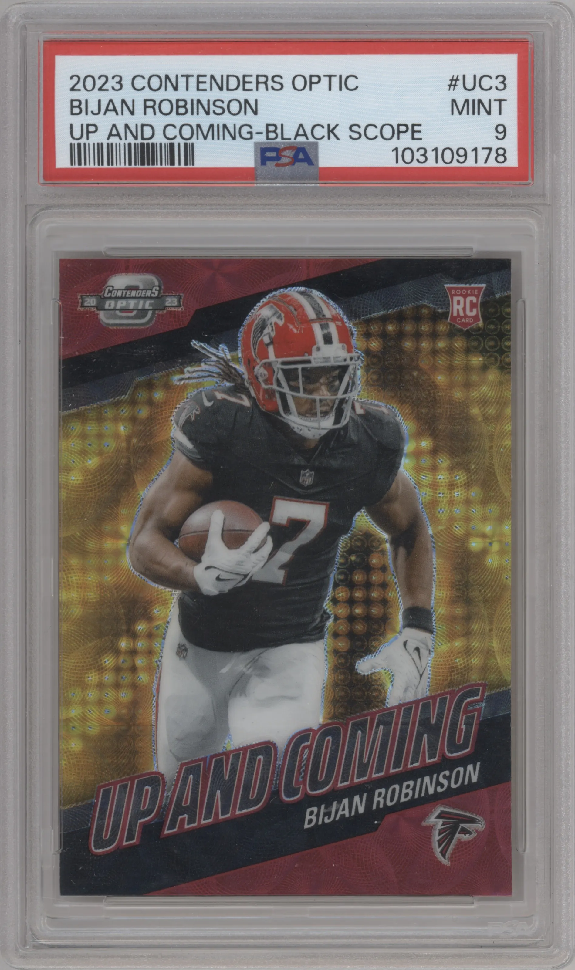 Bijan Robinson from the 2023 Panini Contenders Optic set featuring a Black Scope parallel graded by PSA and given an overall grade of 9.