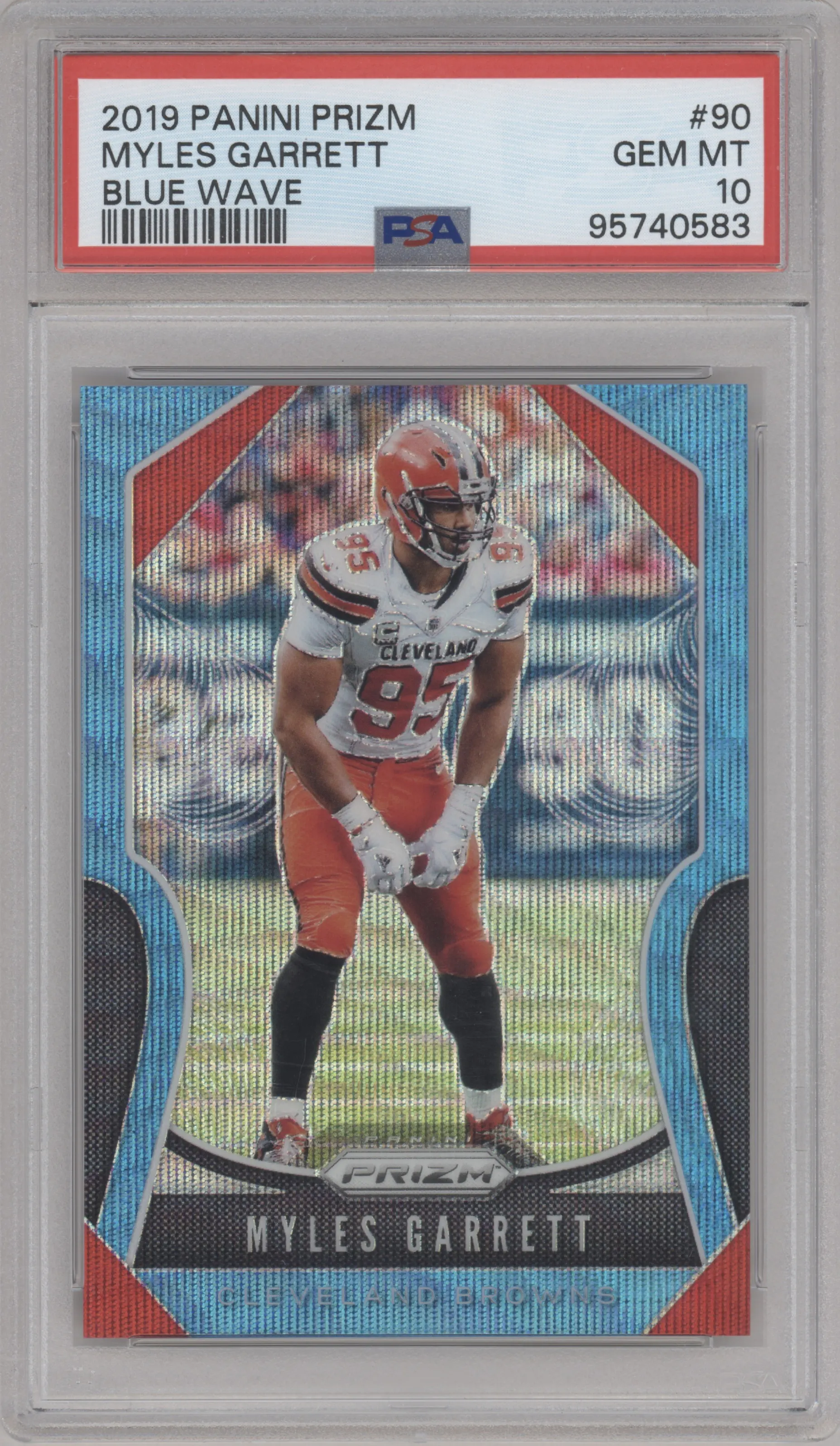 Myles Garrett from the 2019 Panini Prizm set featuring a Blue Wave  parallel graded by PSA and given an overall grade of 10.