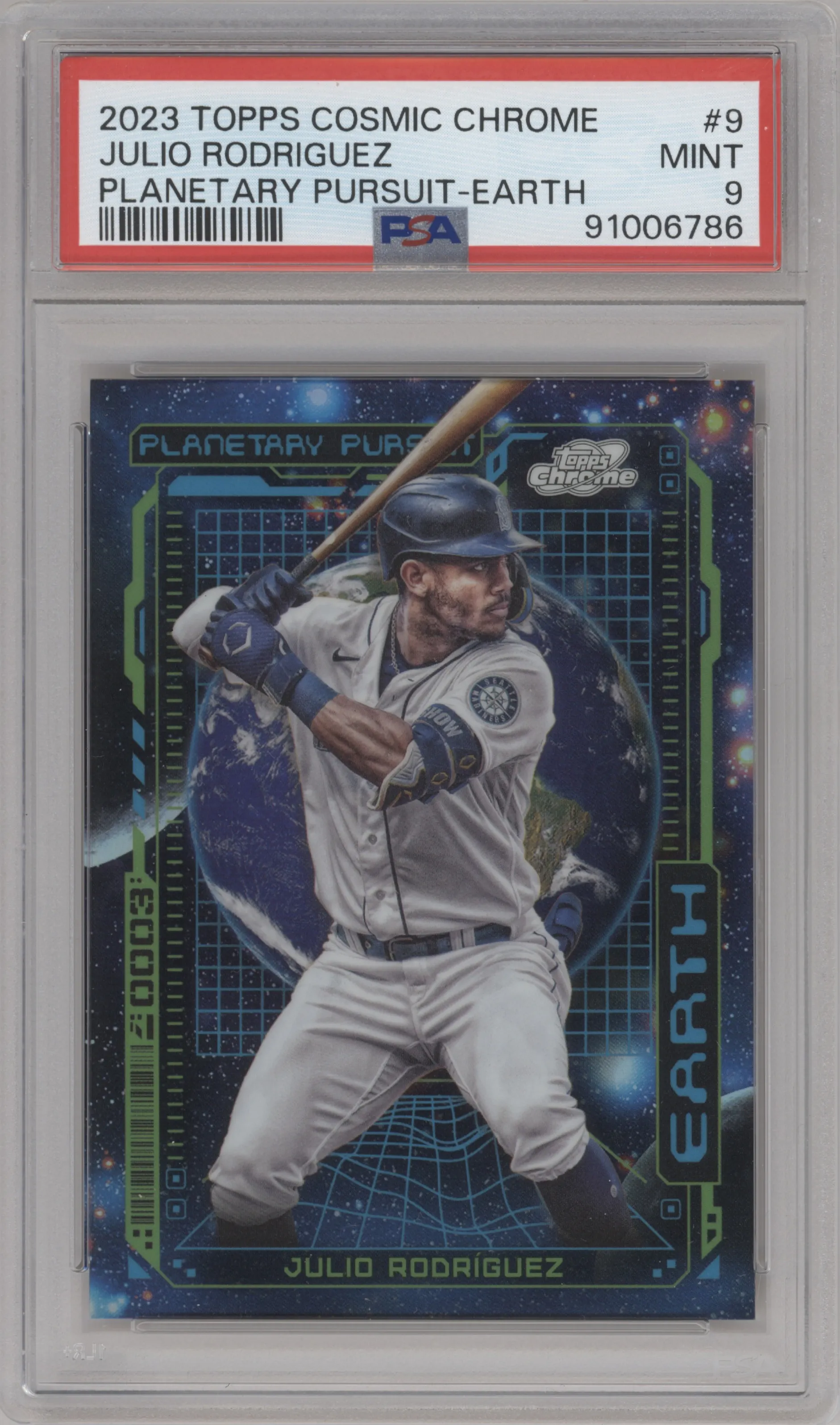 Julio Rodriguez from the 2023 Topps Cosmic Chrome set graded by PSA and given an overall grade of 9.