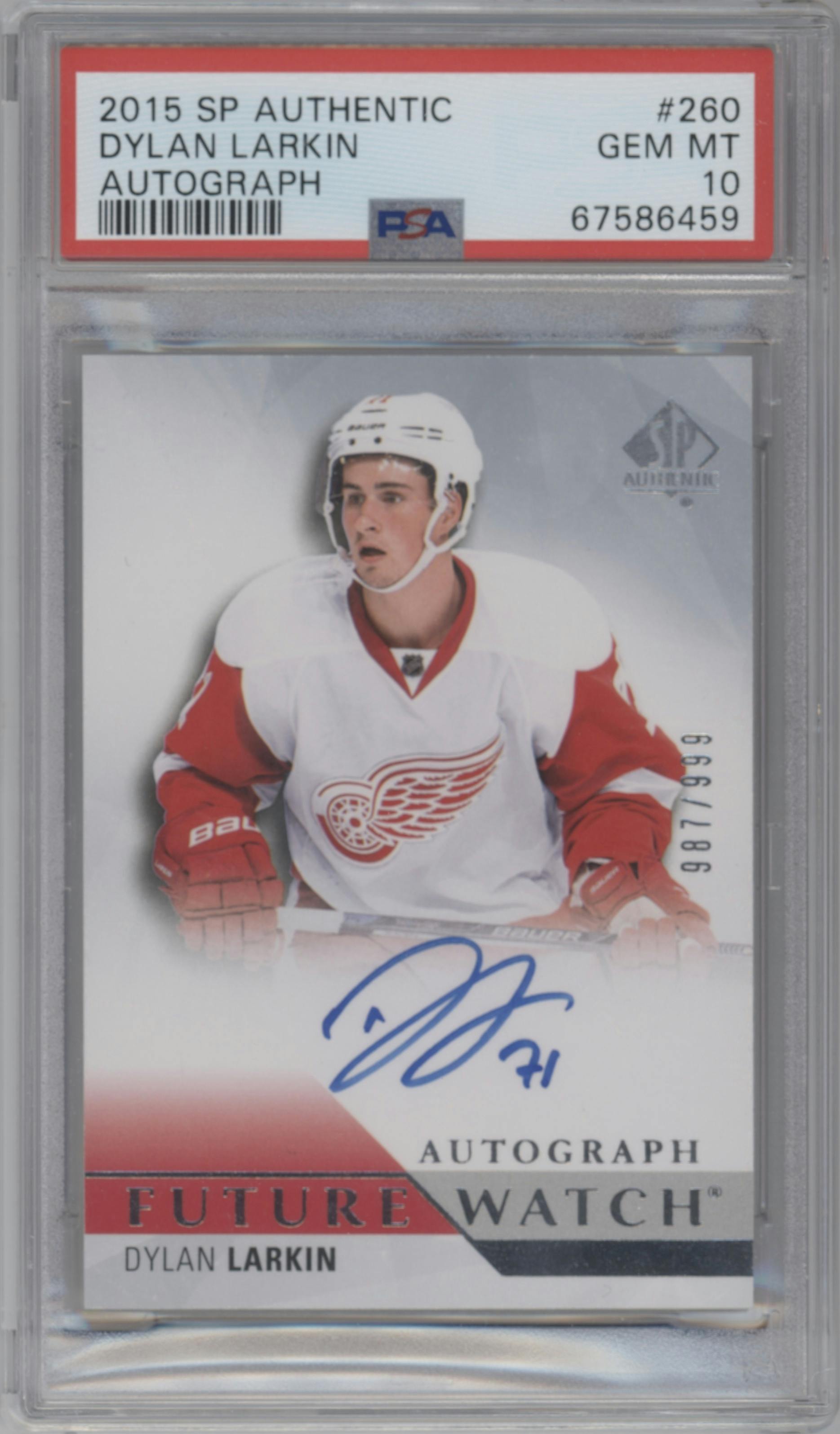 Dylan Larkin from the 2015-16 SP Authentic set graded by PSA and given an overall grade of 10.