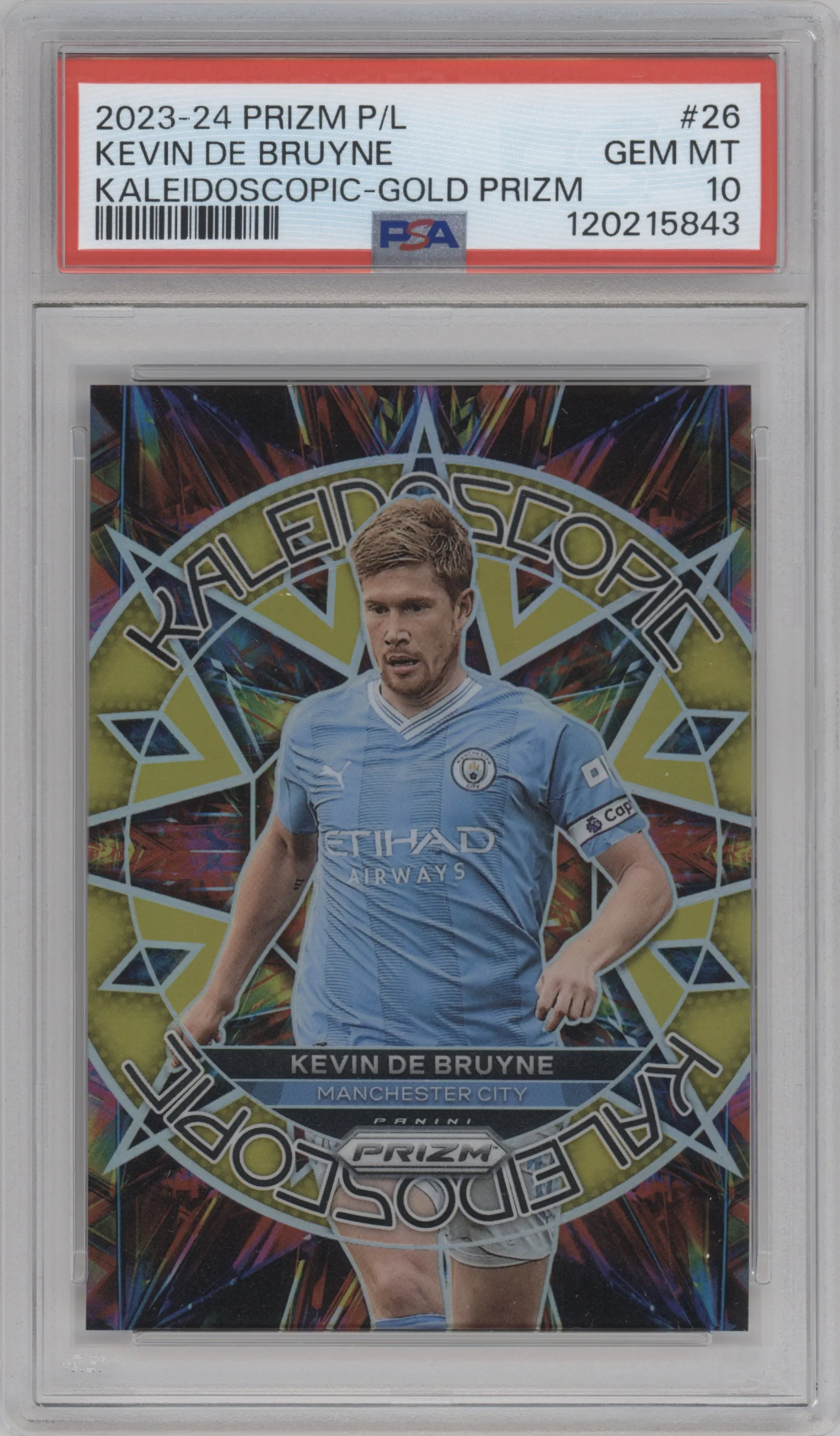 2023 Panini Prizm Premier League Kaleidoscopic Kevin De Bruyne Gold Prizm #26 PSA 10
