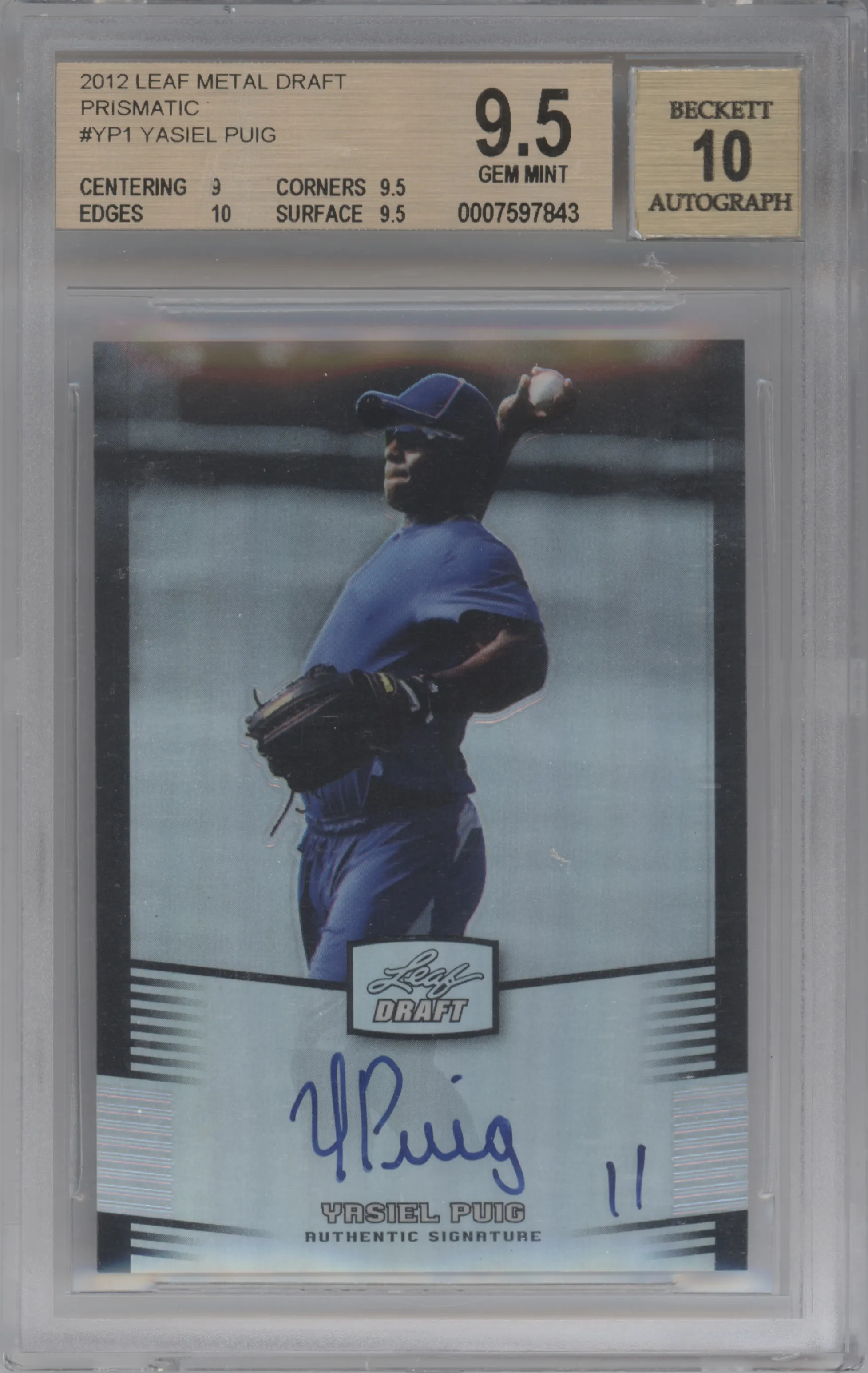 Yasiel Puig from the 2012 Leaf Metal Draft set featuring a Prismatic parallel graded by Beckett and given an overall grade of 9.5.