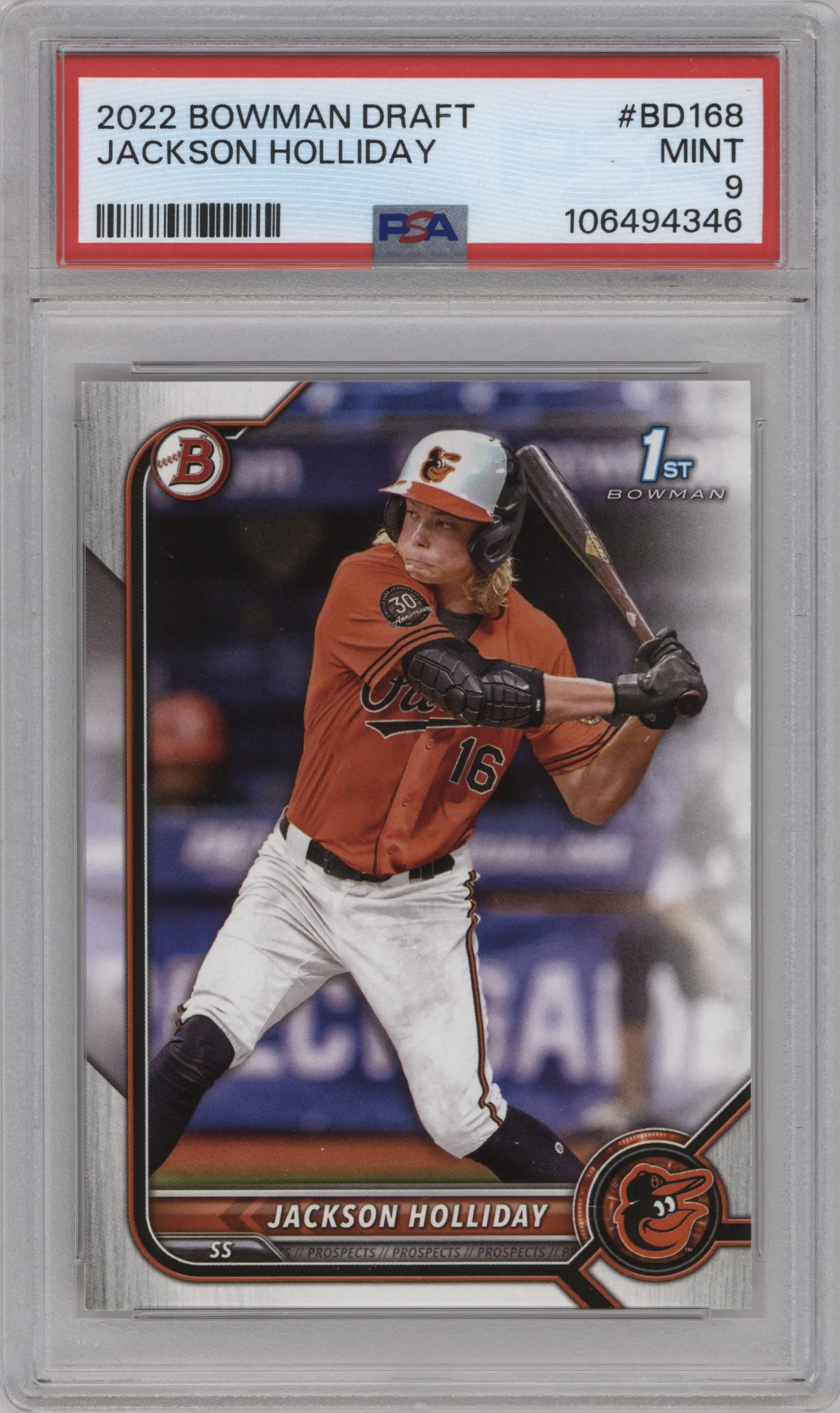 Jackson Holiday from the 2022 Bowman Draft set graded by PSA and given an overall grade of 9.