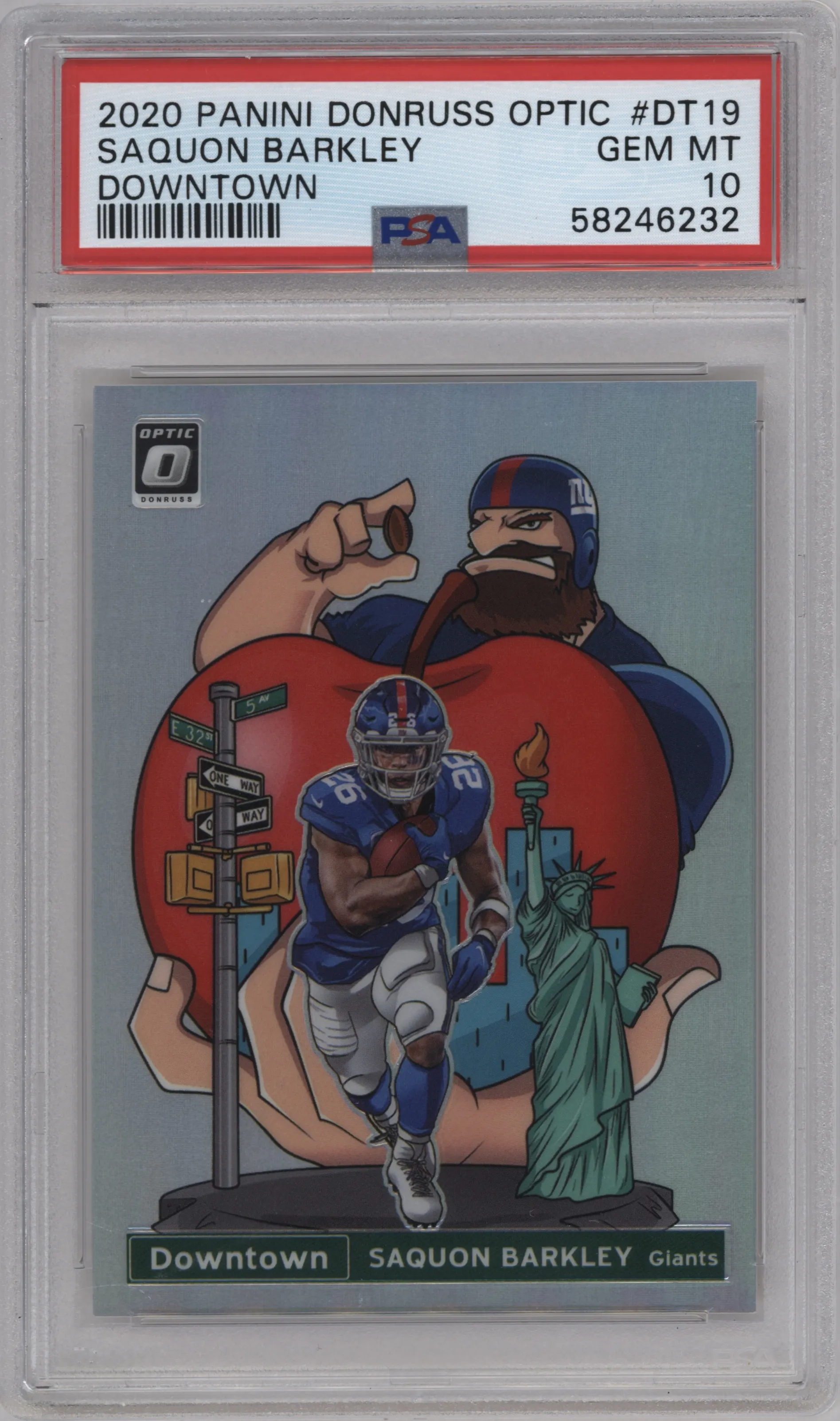 Saquon Barkley from the 2020 Panini Donruss Optic set graded by PSA and given an overall grade of 10.
