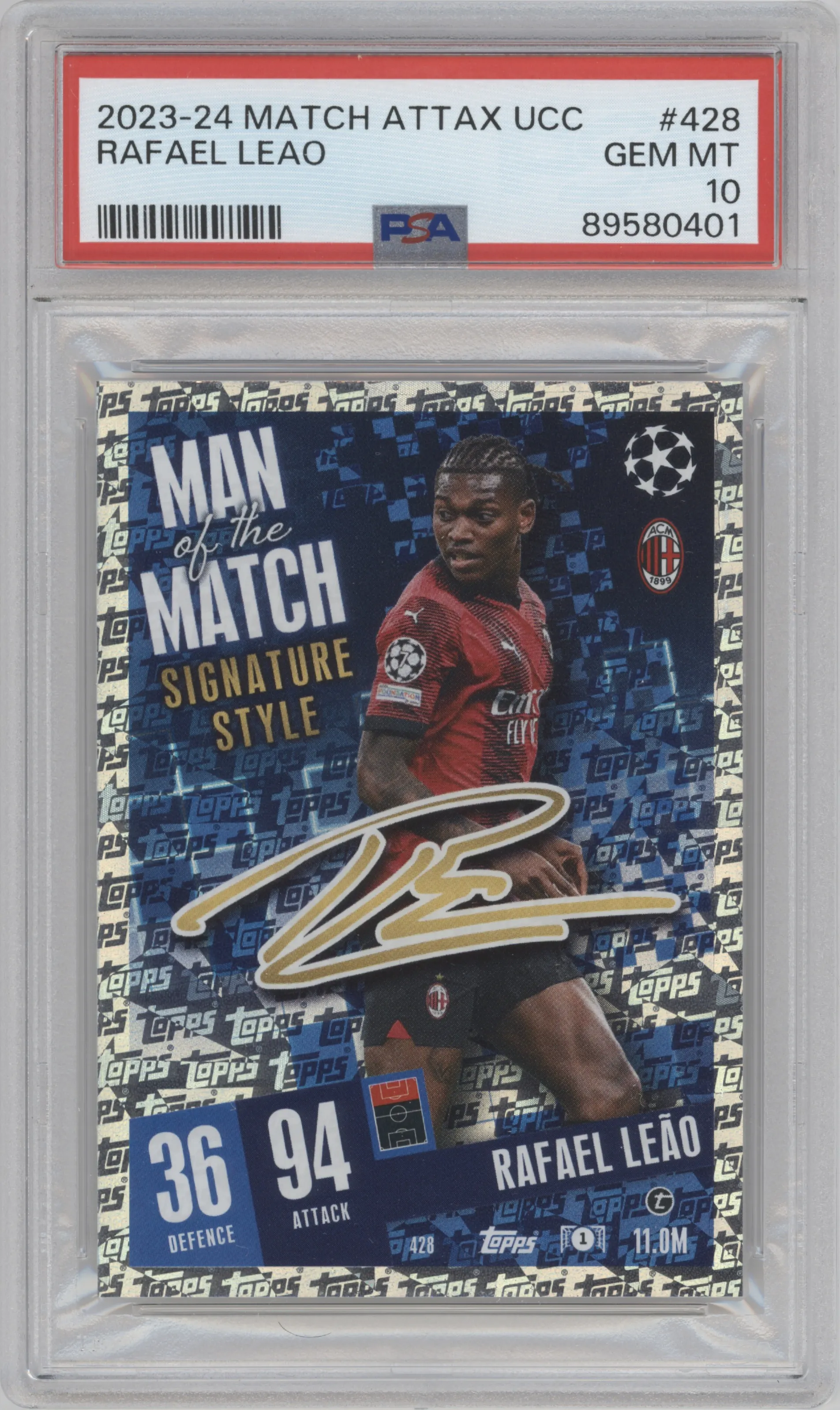 Rafael Leao  from the 2023-24 Topps Match Attax UEFA Club Competitions set graded by PSA and given an overall grade of 10.