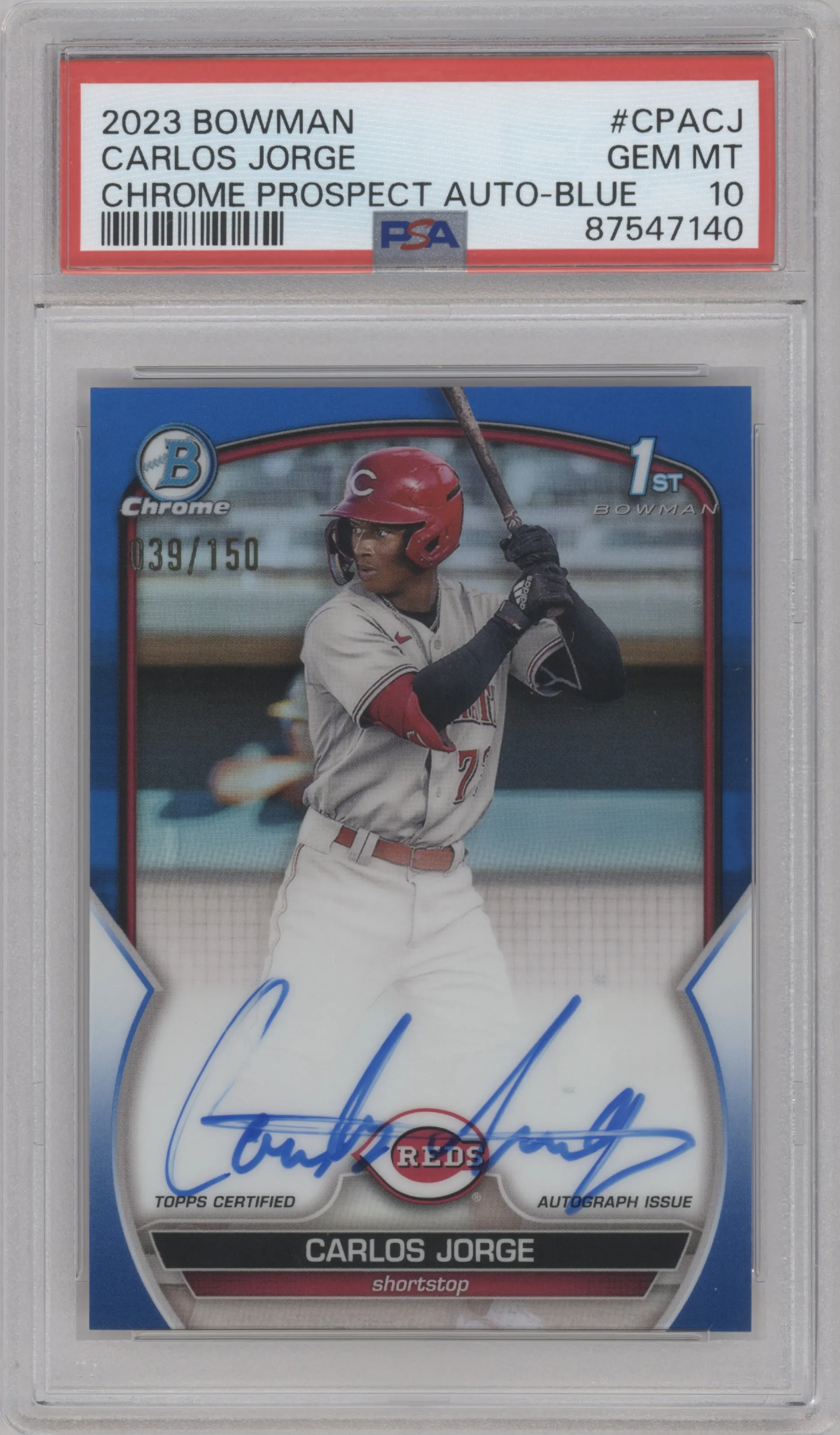 Carlos Jorge from the 2023 Bowman  set featuring a Blue Refractor parallel graded by PSA and given an overall grade of 10.