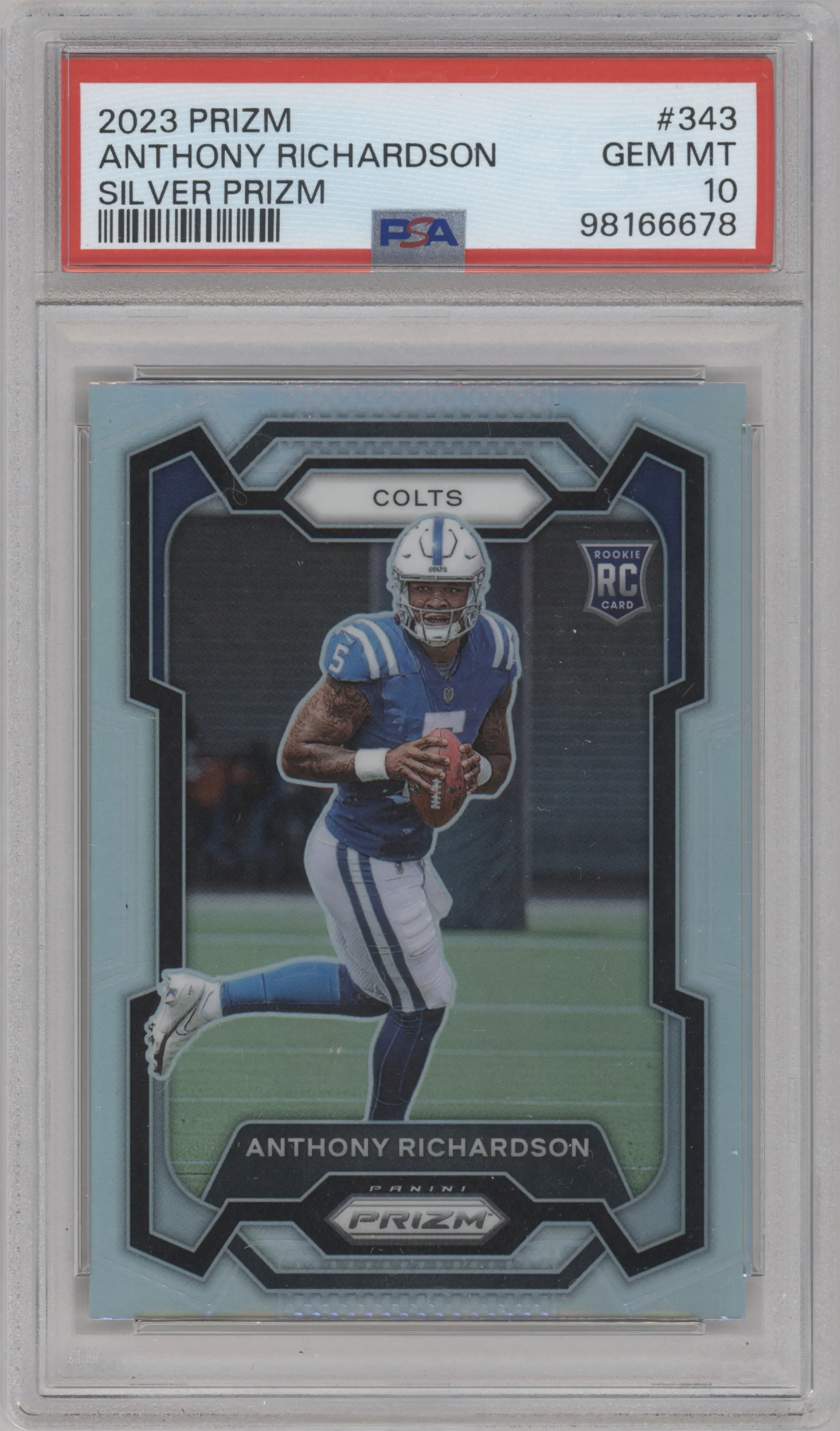 Anthony Richardson from the 2023 Panini Prizm set featuring a Silver Prizm parallel graded by PSA and given an overall grade of 10.