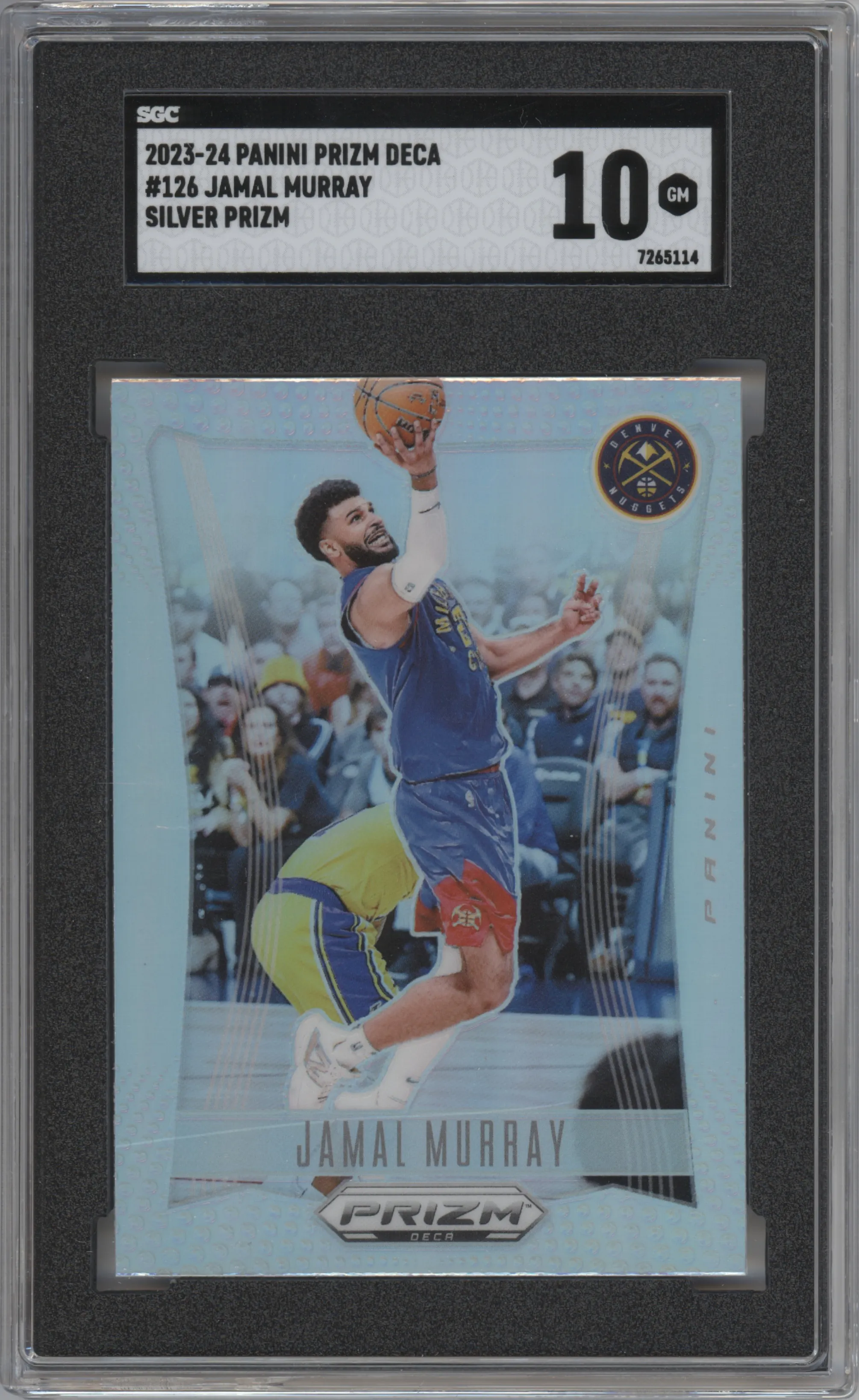 Jamal Murray from the 2023-24 Panini Prizm Deca set featuring a Silver Prizm parallel graded by SGC and given an overall grade of 10.