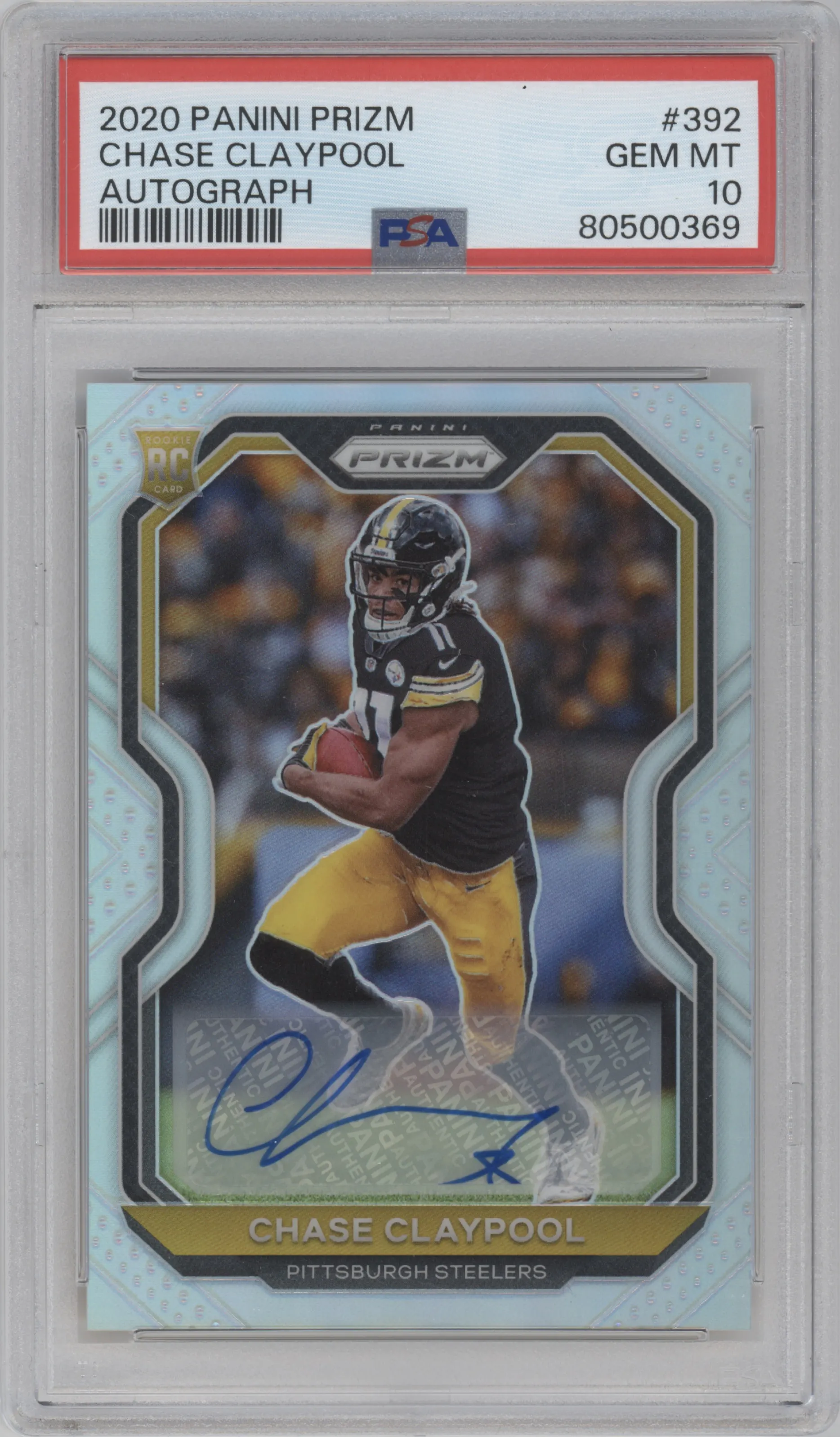 Chase Claypool from the 2020 Panini Prizm set graded by PSA and given an overall grade of 10.
