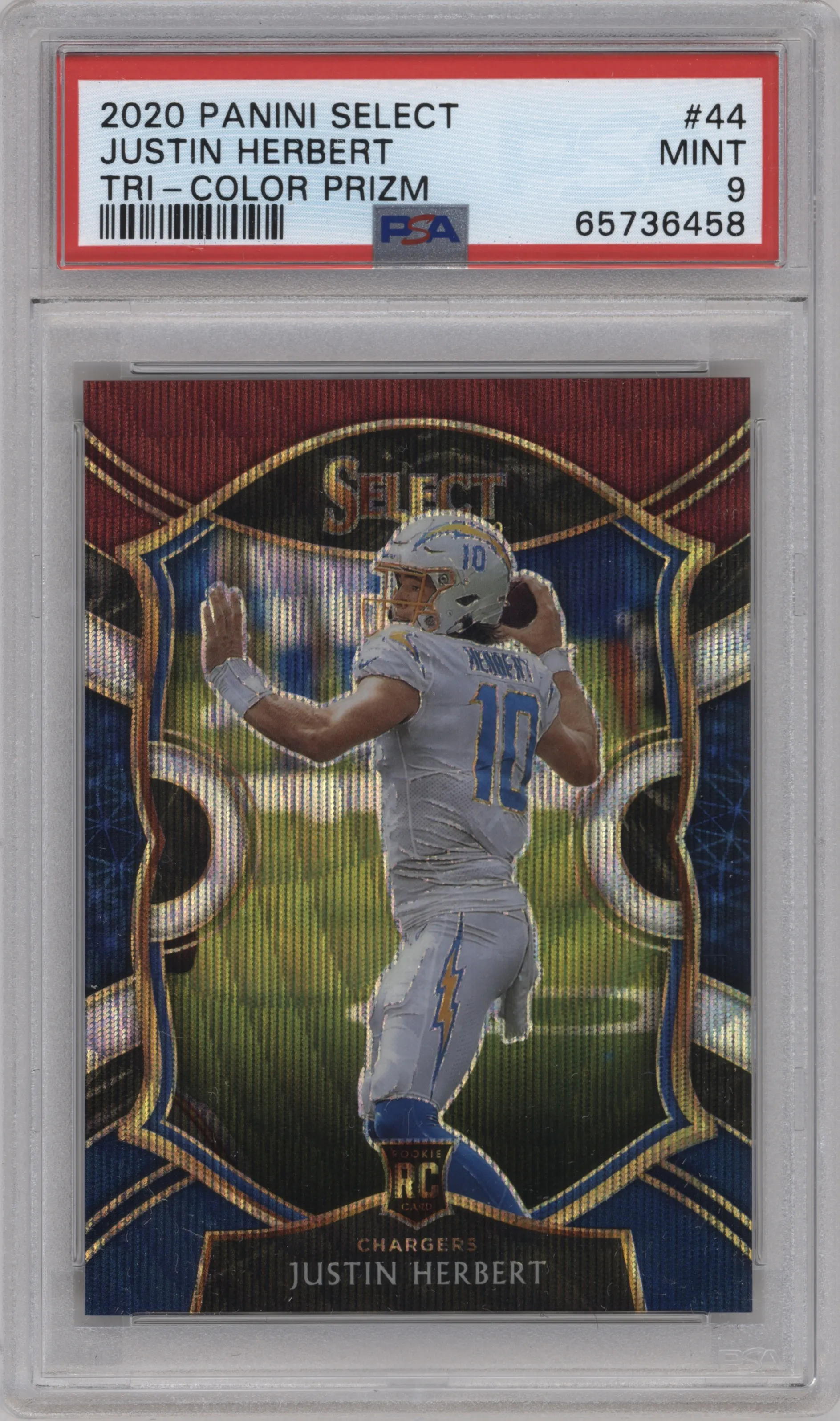 Justin Herbert from the 2020 Panini Select set featuring a Tri-Color parallel graded by PSA and given an overall grade of 9.