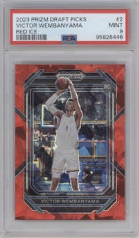 Victor Wembanyama from the 2023-24 Panini Prizm Draft Picks set featuring a Red Ice parallel graded by PSA and given an overall grade of 9.