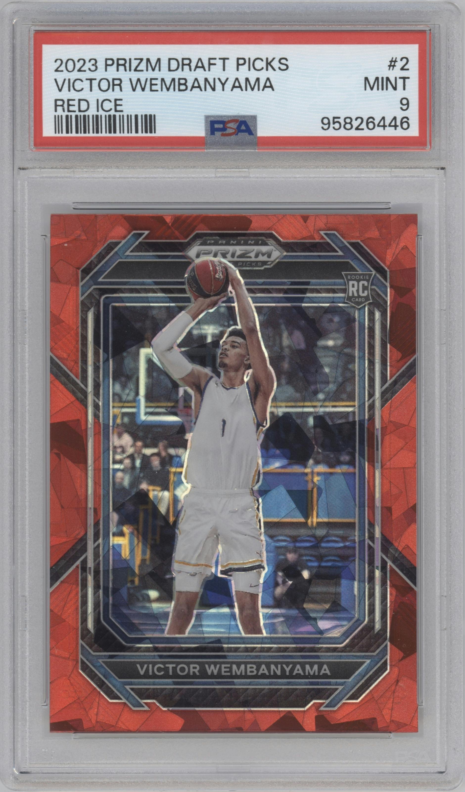 Victor Wembanyama from the 2023-24 Panini Prizm Draft Picks set featuring a Red Ice parallel graded by PSA and given an overall grade of 9.