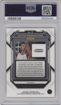 Victor Wembanyama from the 2023-24 Panini Prizm Draft Picks set featuring a Red Ice parallel graded by PSA and given an overall grade of 9.