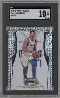 Luka Doncic from the 2018-19 Panini Threads  set featuring a Dazzle parallel graded by SGC and given an overall grade of 10.