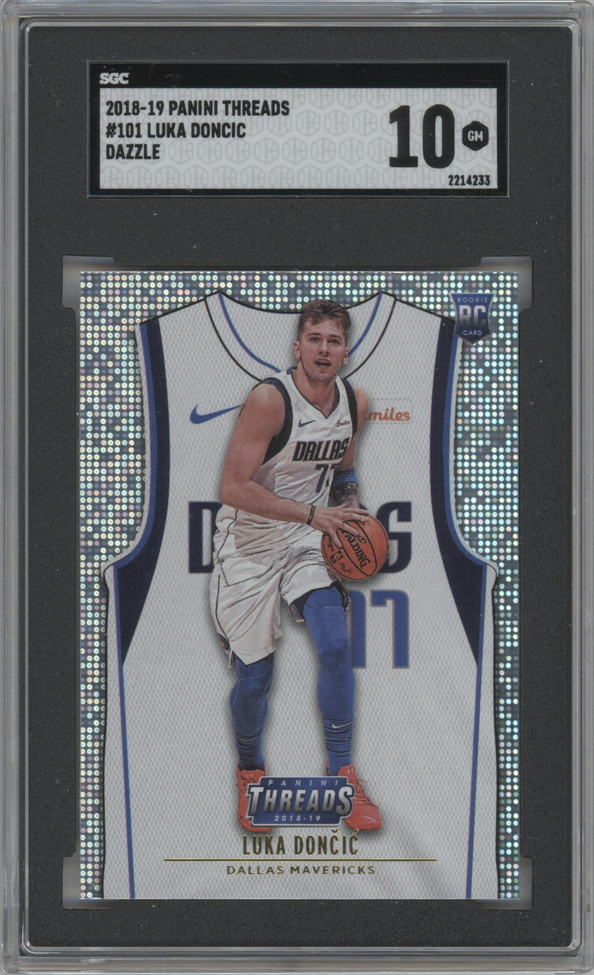 Luka Doncic from the 2018-19 Panini Threads  set featuring a Dazzle parallel graded by SGC and given an overall grade of 10.