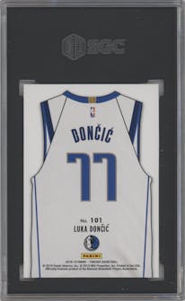 Luka Doncic from the 2018-19 Panini Threads  set featuring a Dazzle parallel graded by SGC and given an overall grade of 10.