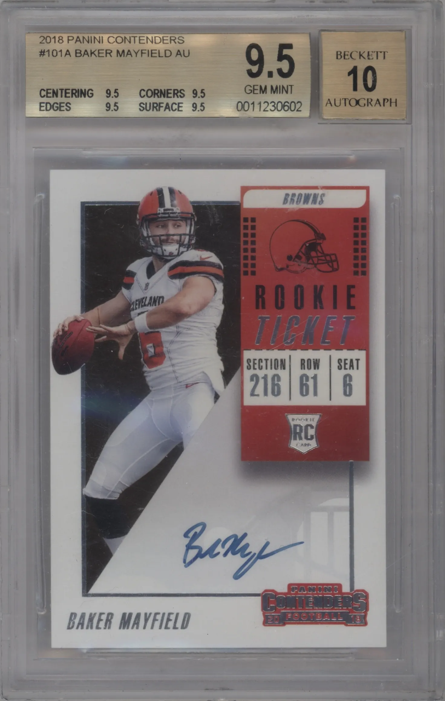 2018 Panini Contenders Rke.Tkt.Auto Baker Mayfield #101 BGS 9.5