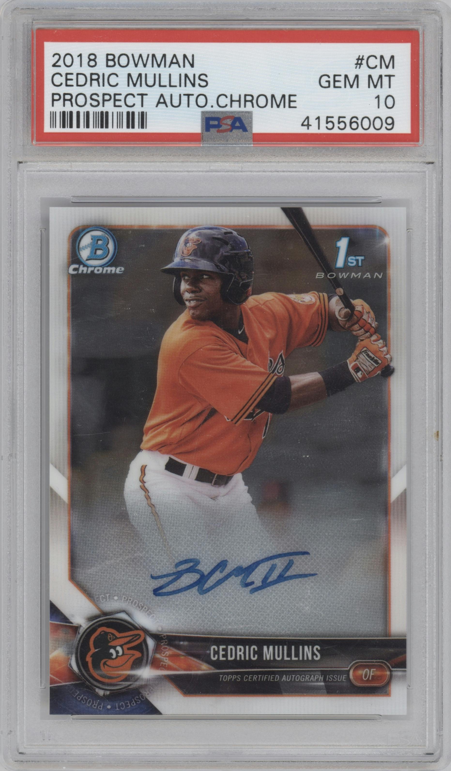 Cedric Mullins from the 2018 Bowman set graded by PSA and given an overall grade of 10.